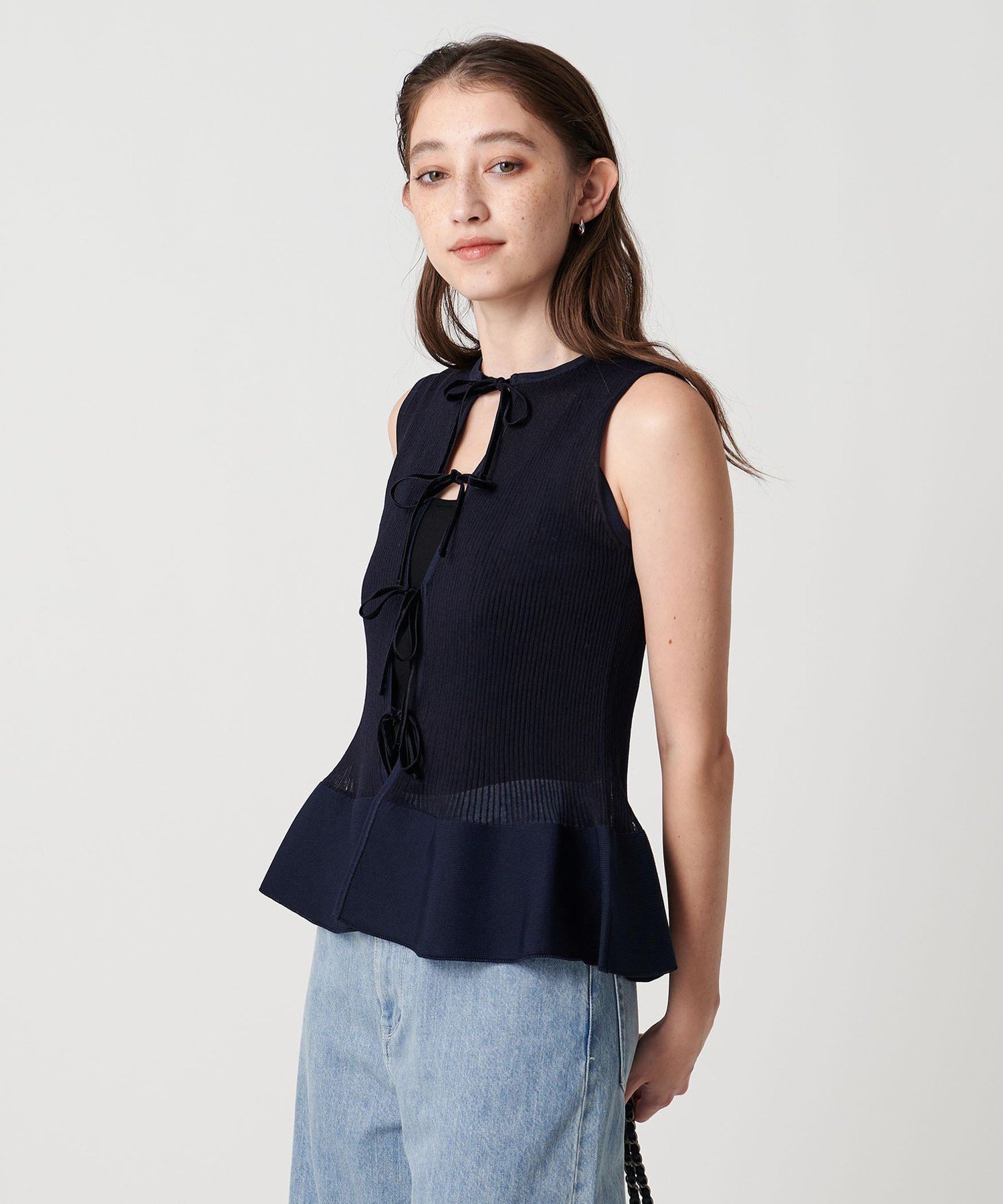 UNITED ARROWS シアー リボン 2WAY ベスト ウォッシャブル ユナイテッドアローズ トップス ニット ブラック ネイビー【送料無料】のサムネイル