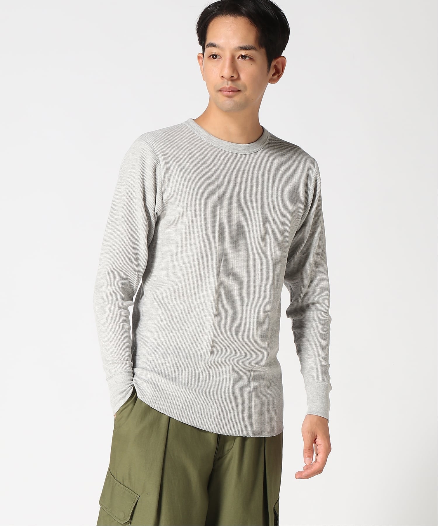 HANES/(M)サーマルクルーネックロングTシャツ ジーンズメイト トップス カットソー・Tシャツ ブラック グレー