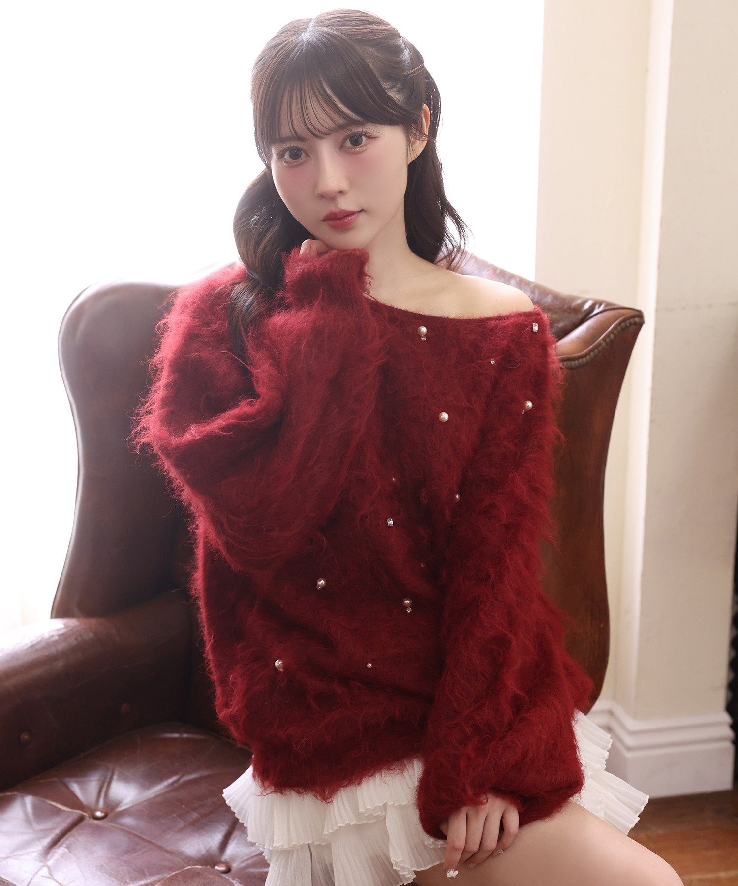 one after another NICE CLAUP ビジューシャギーニット ワンアフターアナザー ナイスクラップ トップス ニット グレー ブラック ホワイト ピンク レッド【送料無料】