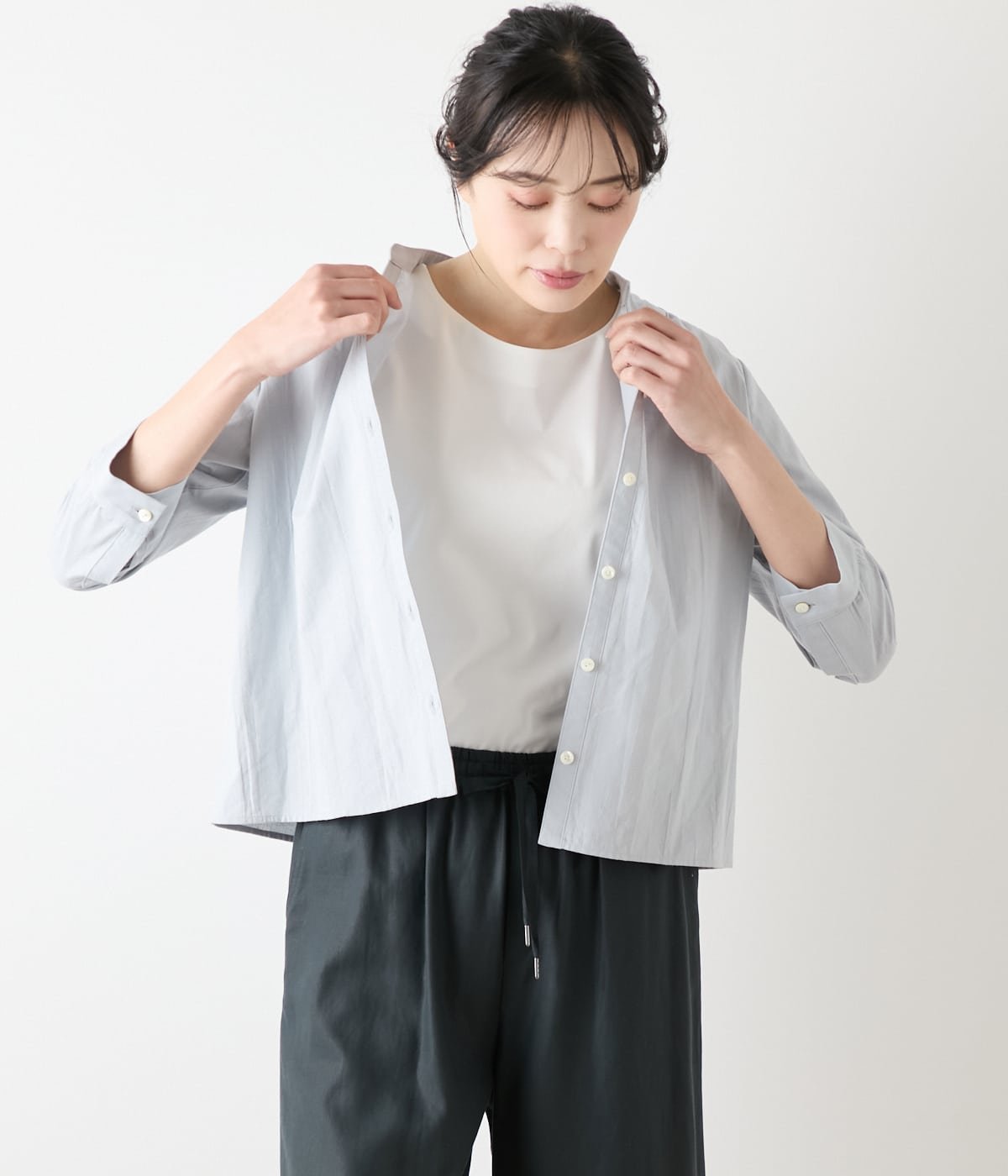 NEWYORKER WOMEN L-SIZE 【L】コットンリネンドビーストライプ 7分袖スキッパーブラウス ニューヨーカー エルサイズ トップス シャツ・ブラウス ホワイト ブルー