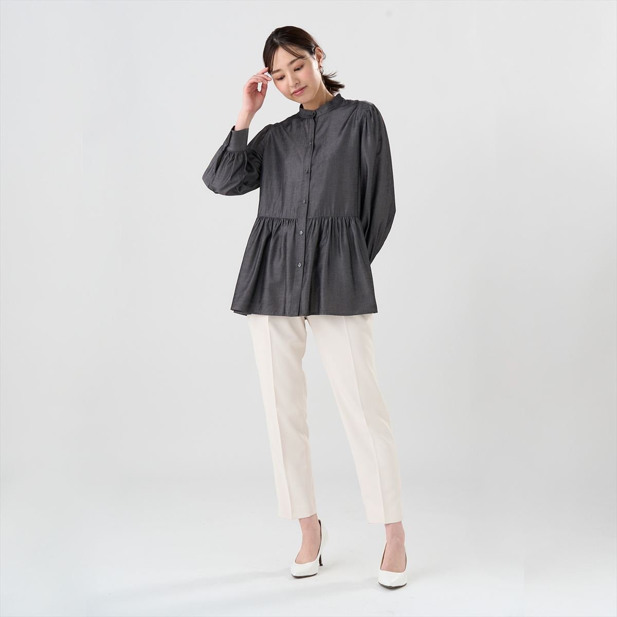 デニム風 ペプラム シャツブラウス 長袖 レディース BL02J502DH10S00-30 トーキョーシャツ トップス シャツ・ブラウス ブラック