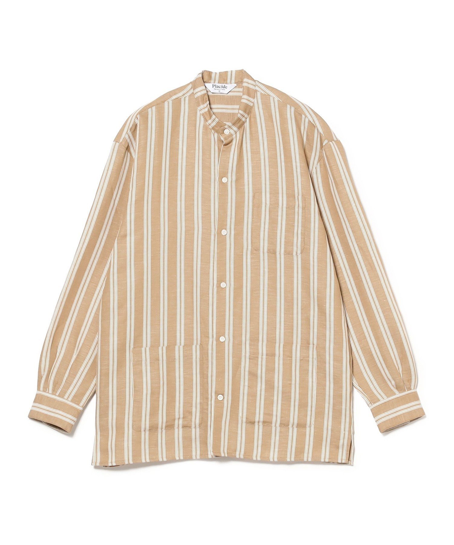BEAMS F 【別注】Placide / リネンコットン ダブルストライプ バンドカラーシャツ ビームス メン ジャケット・アウター テーラードジャケット・ブレザー ベージュ【送料無料】