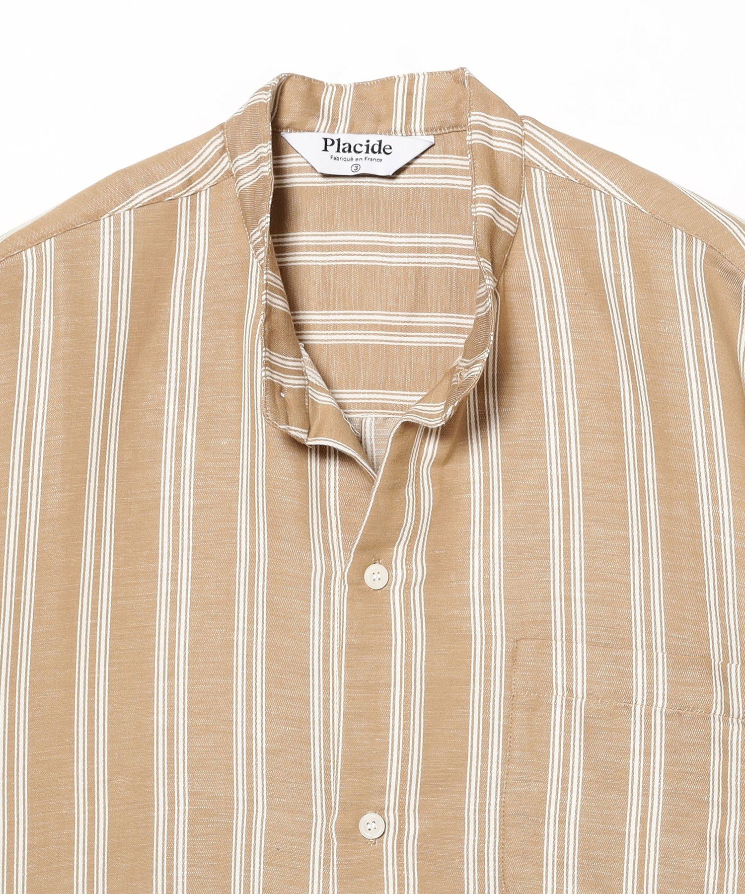 BEAMS F 【別注】Placide / リネンコットン ダブルストライプ バンドカラーシャツ ビームス メン ジャケット・アウター テーラードジャケット・ブレザー ベージュ【送料無料】