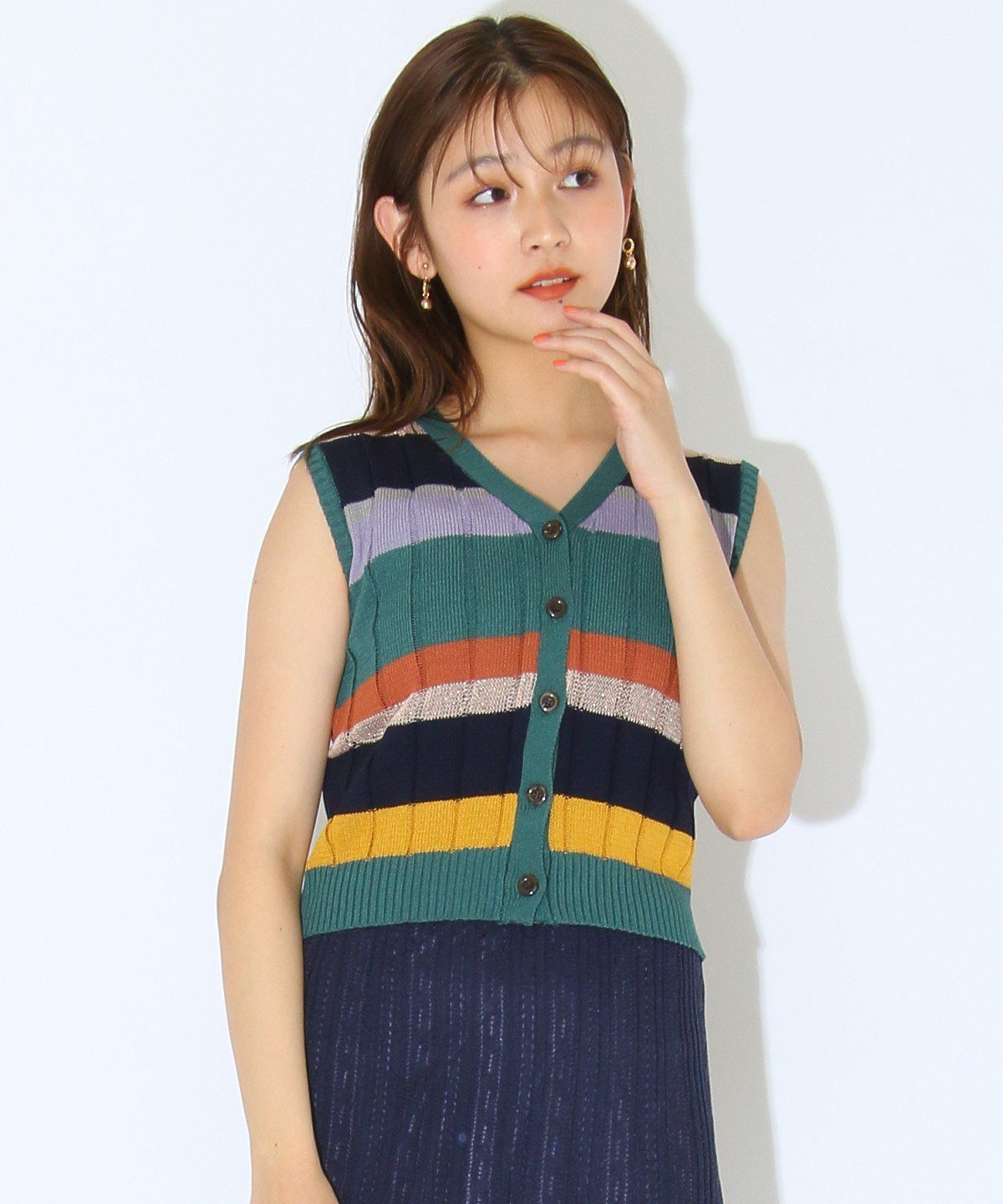 楽天Rakuten Fashion【SALE／60％OFF】REDYAZEL マルチボーダー前ボタンベスト レディアゼル トップス ニット グリーン グレー ネイビー