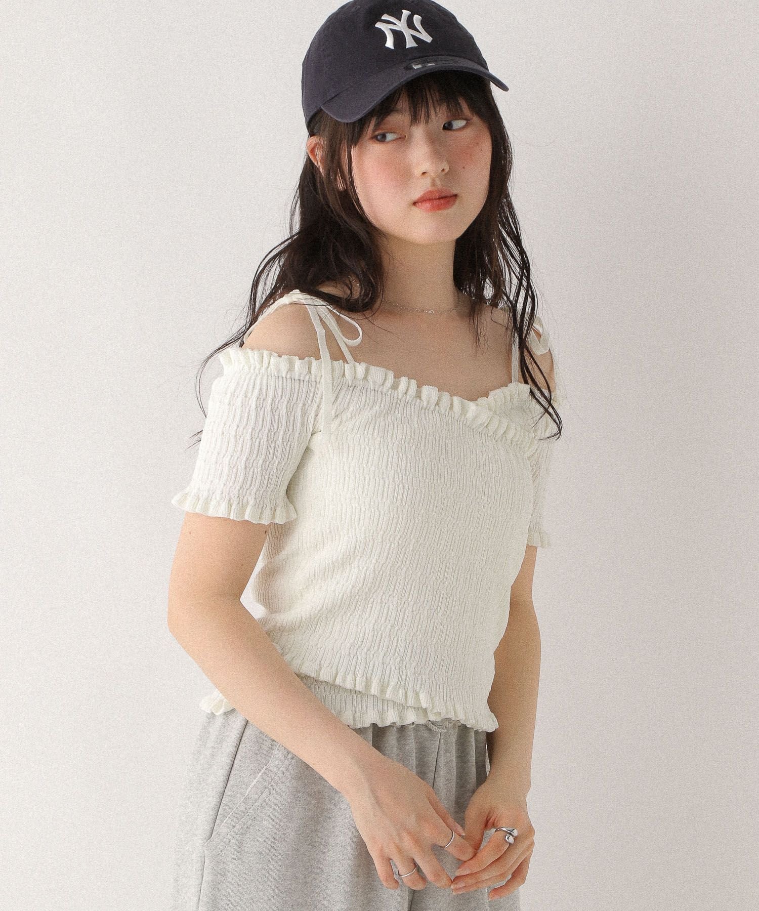 Heather クロスオフショルニット(半袖) ヘザー トップス ニット ブラック ホワイト グレー