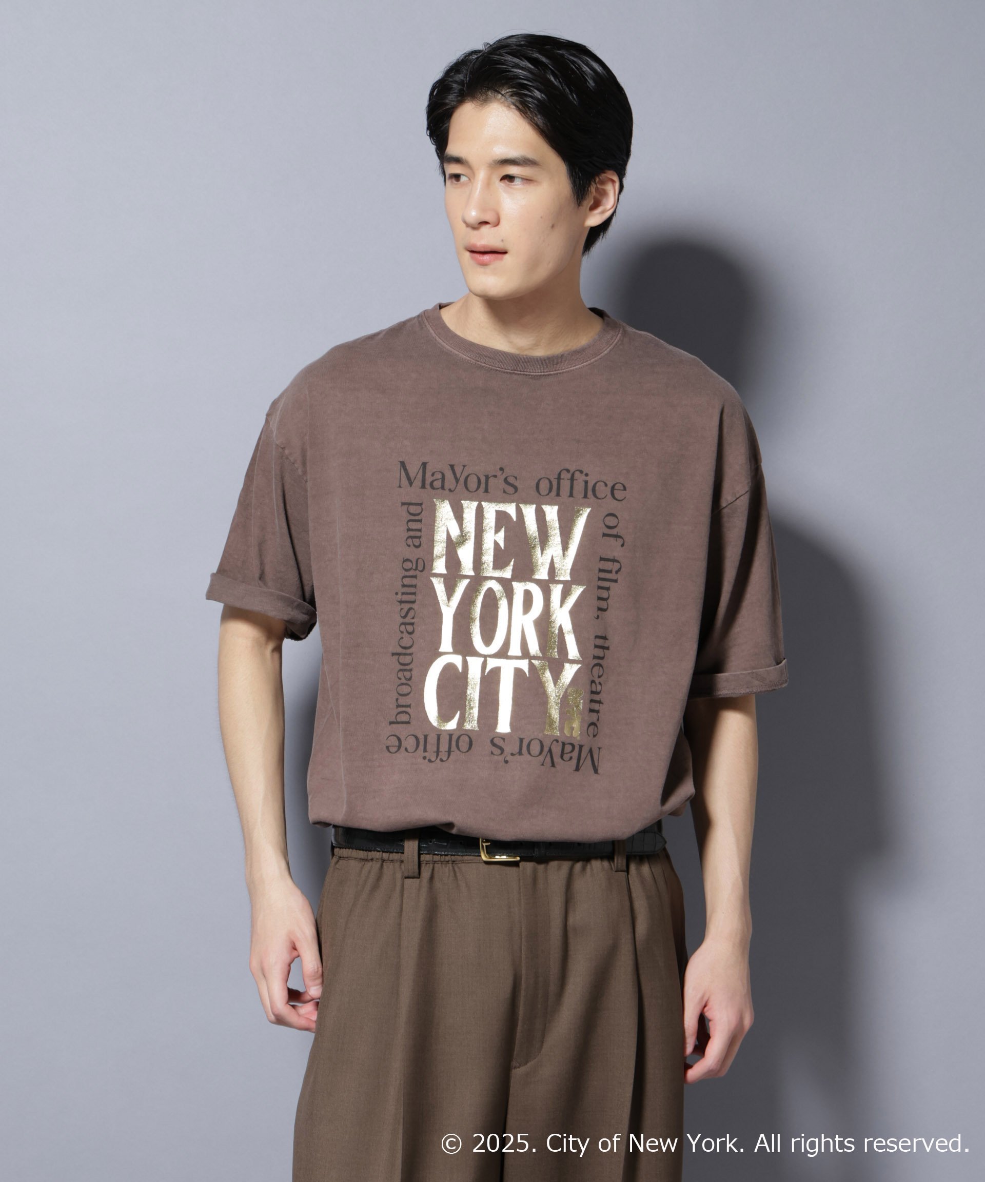 NANO universe 別注GOOD ROCK SPEED NYC 箔プリントTシャツ ナノユニバース トップス カットソー・Tシャツ ブラウン