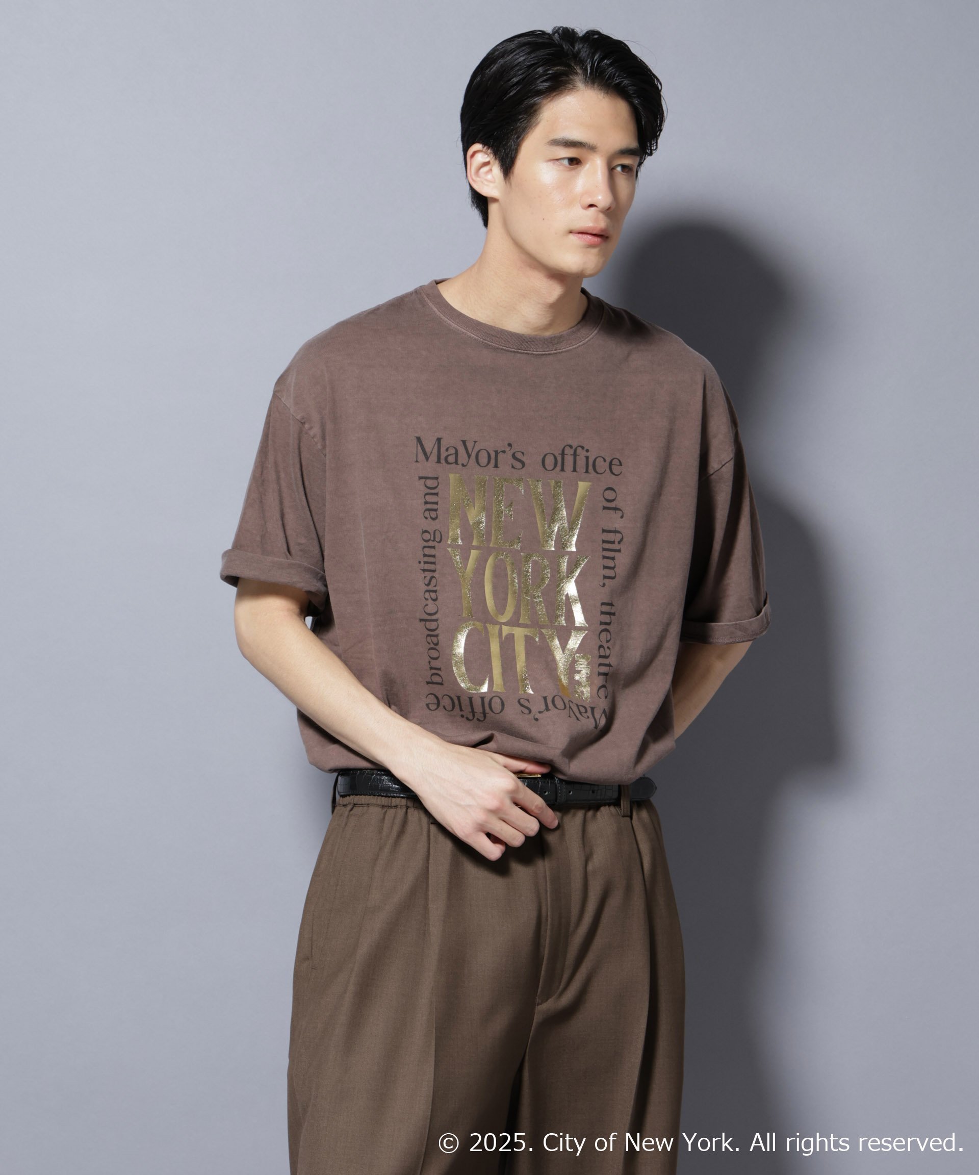 NANO universe 別注GOOD ROCK SPEED NYC 箔プリントTシャツ ナノユニバース トップス カットソー・Tシャツ ブラウン