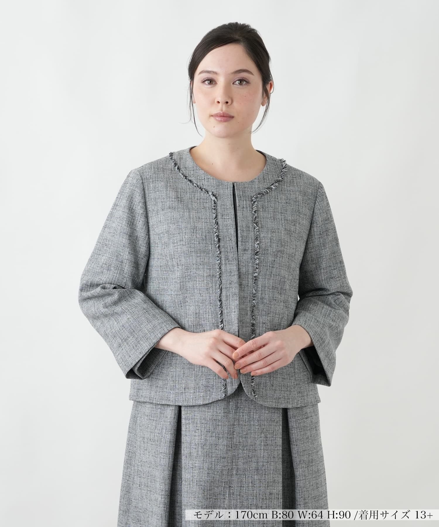 Leilian PLUS HOUSE フリンジトリムノーカラージャケット【BOURGE】 レリアン プラスハウス ジャケット・アウター テーラードジャケット・ブレザー グレー ブラウン