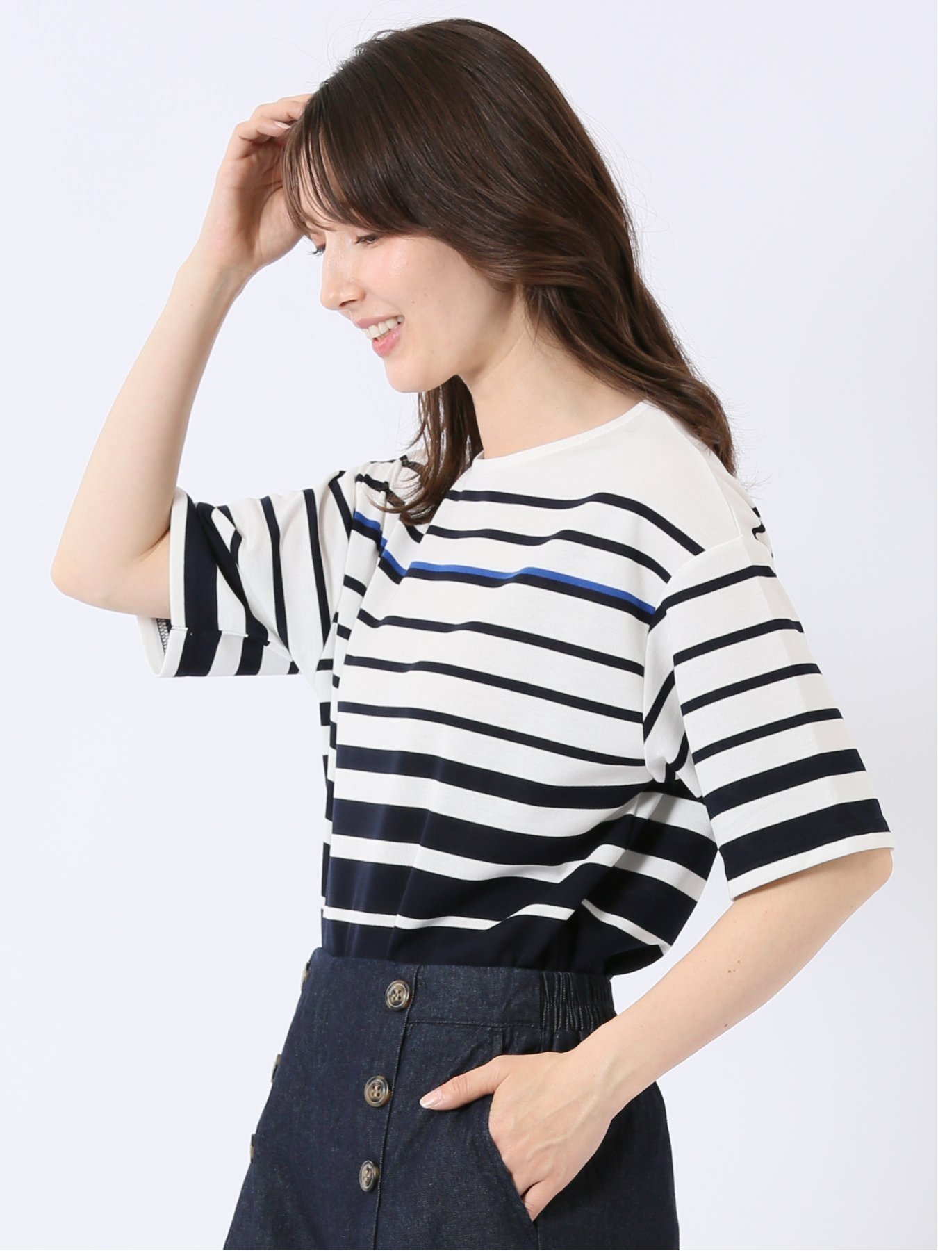 【SALE／10%OFF】m.f.editorial パネルボーダー クルーネック 半袖 プルオーバー タカキュー トップス カットソー・Tシャツ ベージュ
