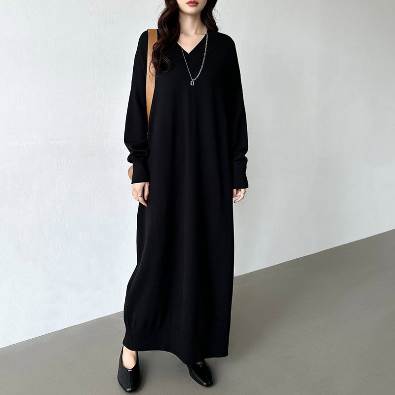 COCOMOMO 選べる2丈 Vネック ワンピース ロング丈 マキシ丈 ニットワンピース 長袖 ココモモ ワンピース・ドレス ワンピース グレー ワインレッド レッド ホワイト ブラック ベージュ【送料無料】