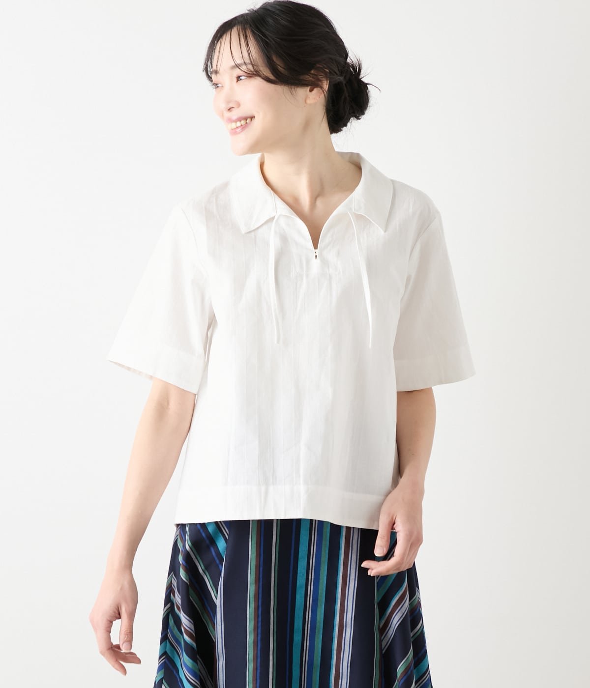 NEWYORKER WOMEN L-SIZE 【L】コットンリネンドビーストライプ プルオーバーブラウス ニューヨーカー エルサイズ トップス シャツ・ブラウス ブルー ホワイト【送料無料】