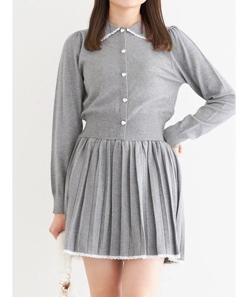 Ludic Park [SET]レース襟付きカーディガン×プリーツスカート ルディックパーク ワンピース・ドレス その他のワンピース・ドレス グレー【送料無料】
