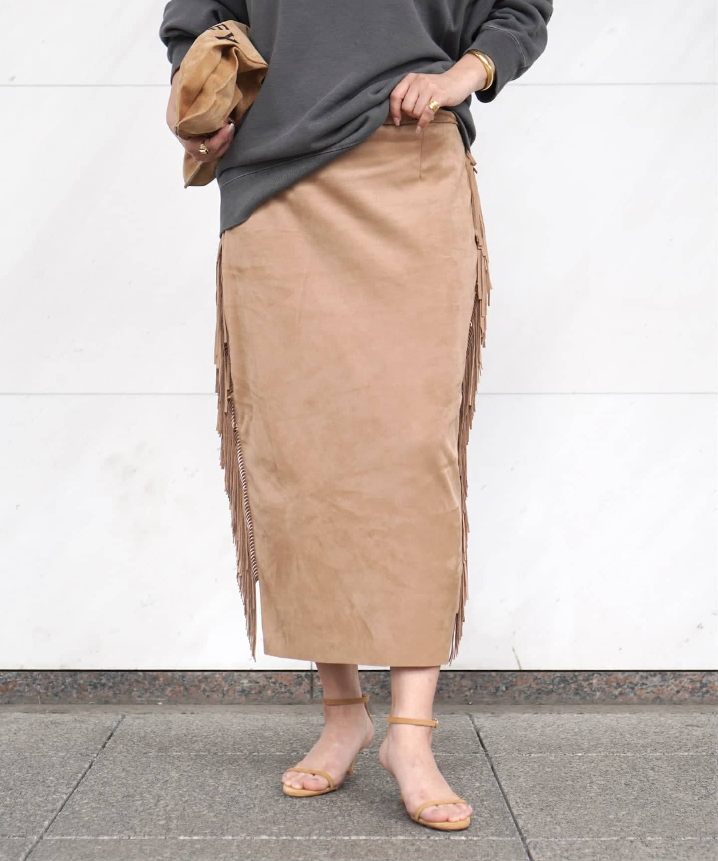 AP STUDIO 【COUTURE D'ADAM/クチュールドアダム】Suede fabiric Ranch Skirt エーピーストゥディオ スカート ロング・マキシスカート ベージュ【送料無料】