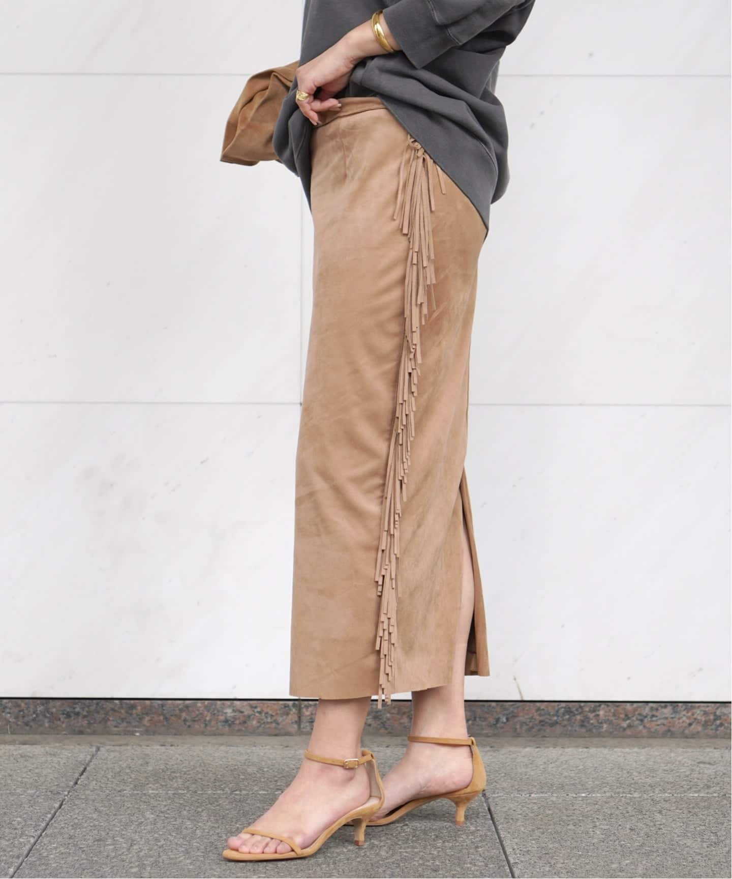 AP STUDIO 【COUTURE D'ADAM/クチュールドアダム】Suede fabiric Ranch Skirt エーピーストゥディオ スカート ロング・マキシスカート ベージュ【送料無料】