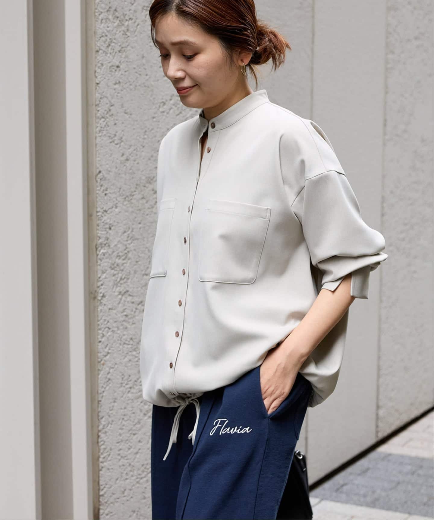 JOURNAL STANDARD 《追加予約》ウーリッシュツイルタックボリュームシャツ ジャーナル スタンダード トップス シャツ・ブラウス ベージュ ネイビー