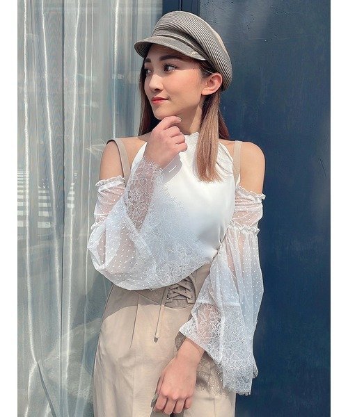 【SALE／40%OFF】DURAS ドット*レース肩開きブラウス デュラス トップス シャツ・ブラウス ホワイト ピンク【送料無料】のサムネイル