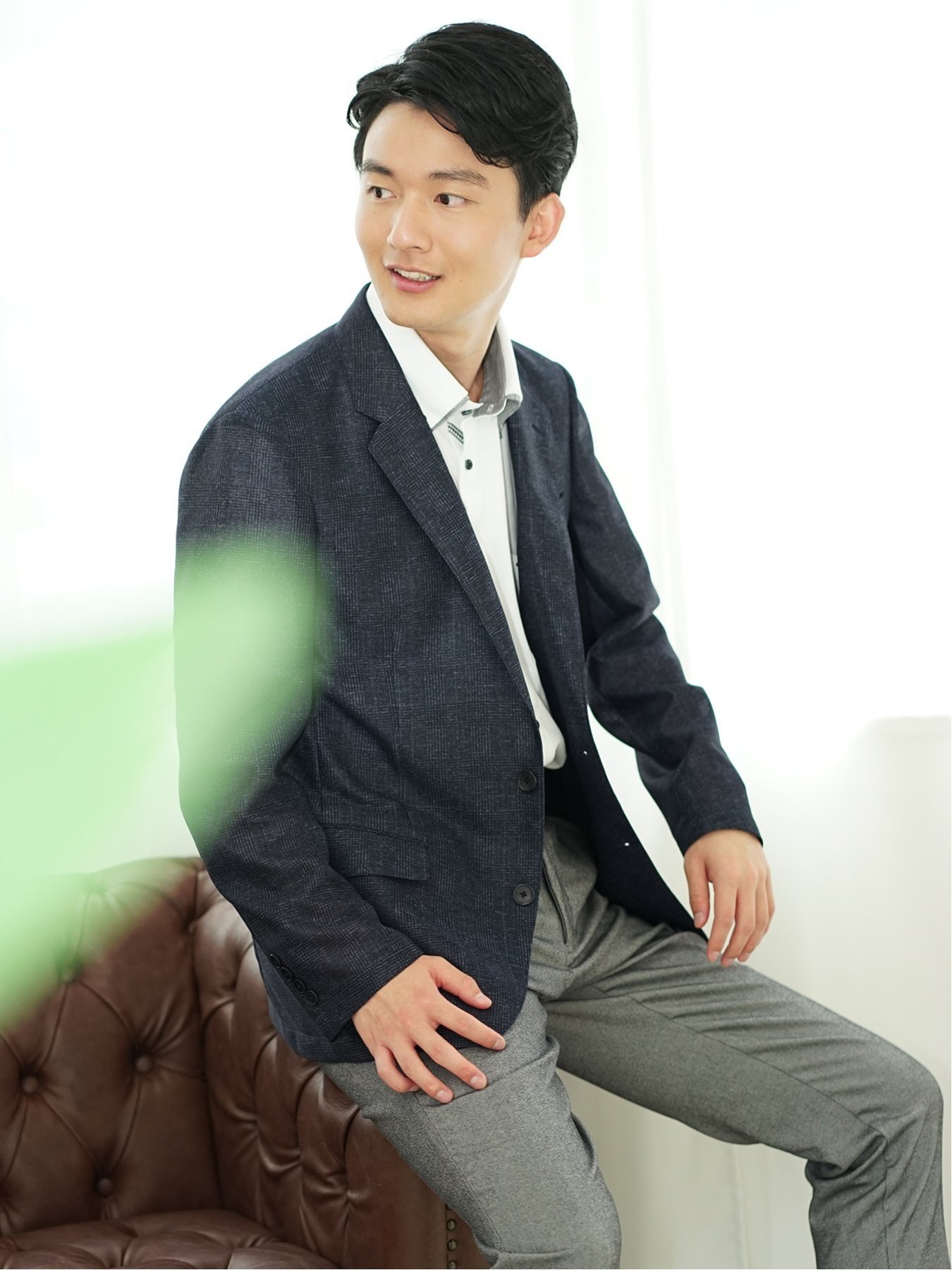 TAKA-Q TechLinen スリムフィット 2ボタンジャケット チェック紺(セットアップ可能) タカキュー スーツ・フォーマル スーツジャケット ネイビー【送料無料】