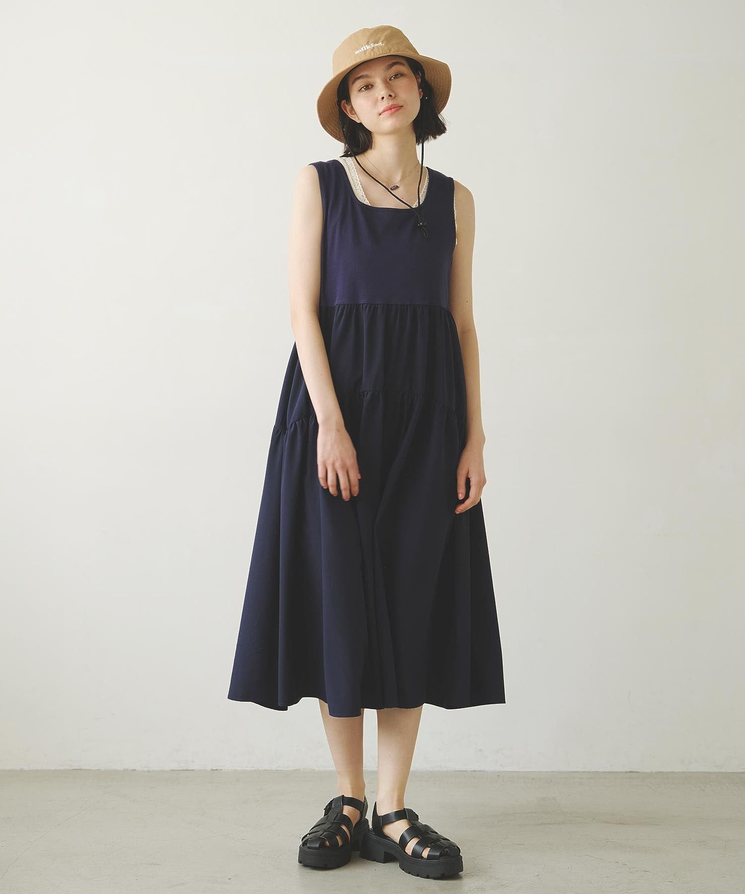 MILKFED. TIERED FLARE DRESS ミルクフェド ワンピース・ドレス その他のワンピース・ドレス ブラウン ネイビー