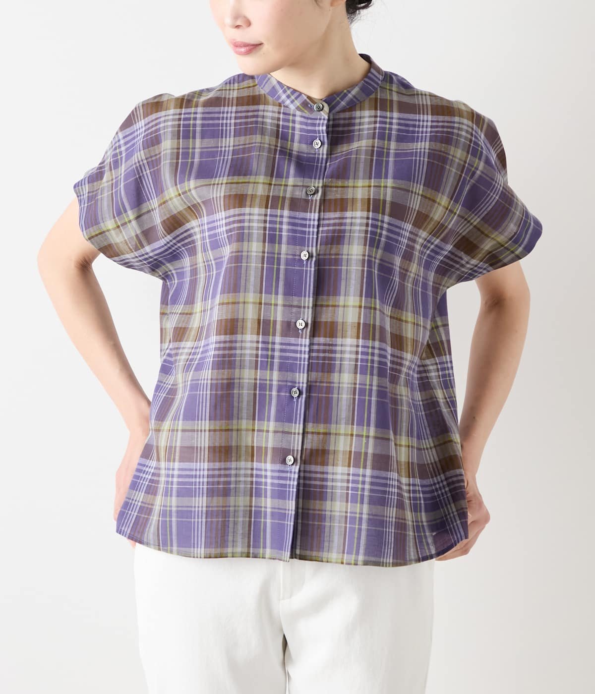 【SALE／25%OFF】NEWYORKER WOMEN L-SIZE 【L】リネン混マドラスチェック ドルマンスリーブブラウス ニューヨーカー エルサイズ トップス シャツ・ブラウス ブルー ブラウン【送料無料】