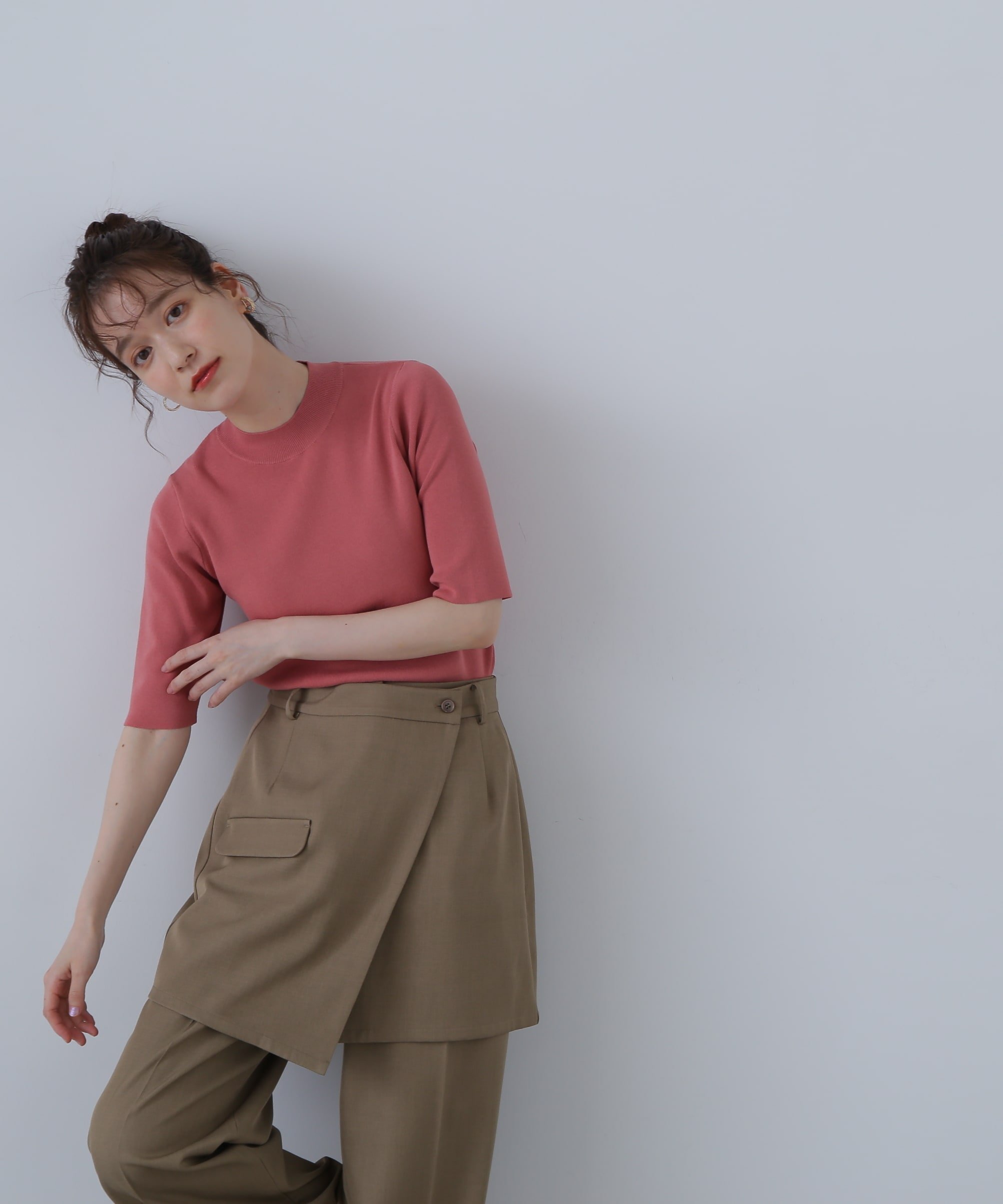 N. Natural Beauty Basic 総針ボトルネック5分袖ニット 24SS エヌ ナチュラルビューティーベーシック* トップス ニット ブラック グレー ホワイト イエロー レッド ブルー