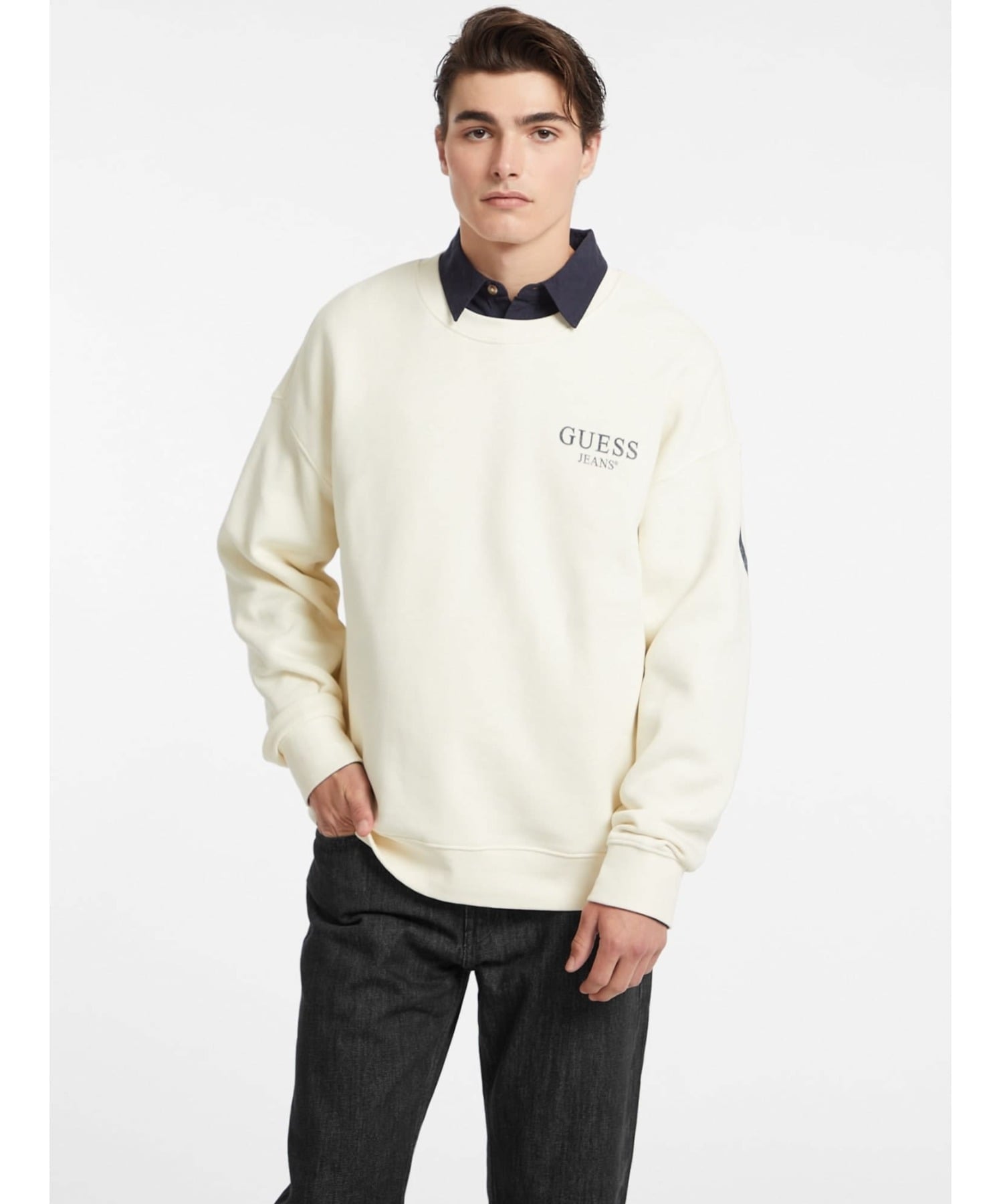 GUESS JEANS トップス ロゴ スウェット(M)Back Macro Logo Sweat ゲス トップス スウェット・トレーナー ネイビー ホワイト グレー