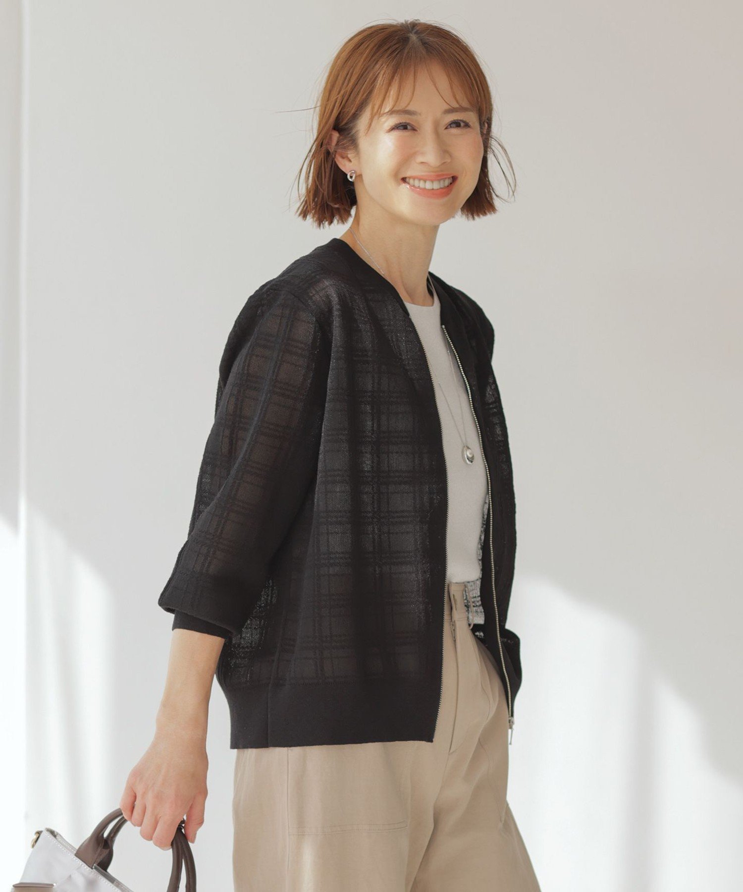 J.PRESS LADIES L 【洗える】SHEER JACQUARD ニット ブルゾン ジェイプレス トップス カーディガン ブラック ホワイト【送料無料】