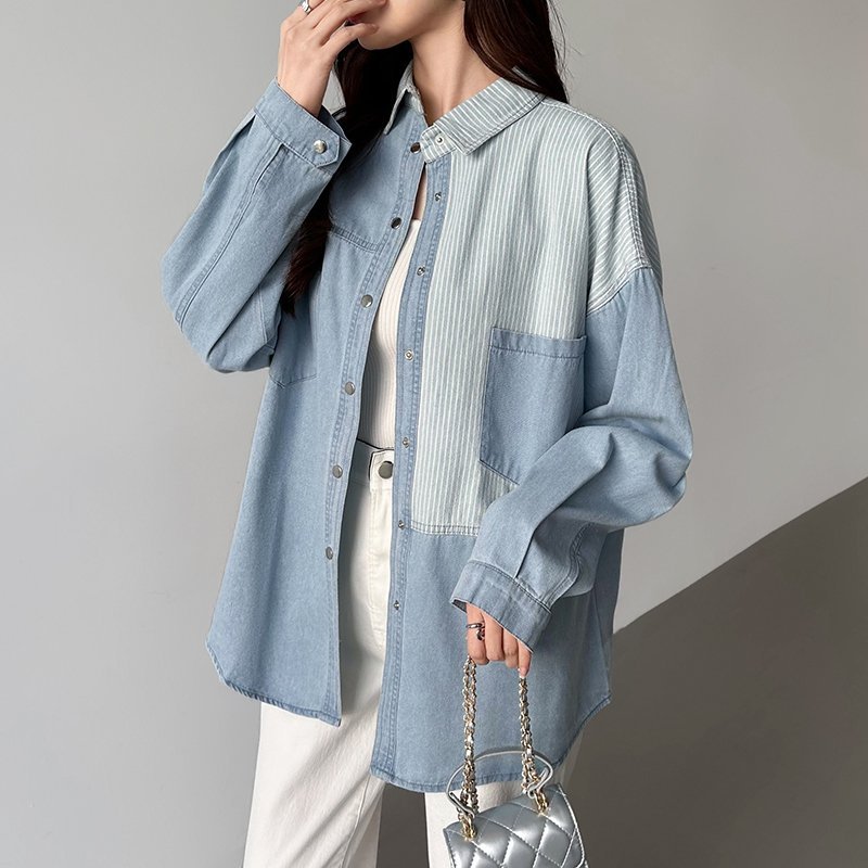 【SALE／26%OFF】COCOMOMO パッチワークシャツ タンガリーシャツ シャンブレー デニム ウエスタン ココモモ ジャケット・アウター デニムジャケット ネイビー