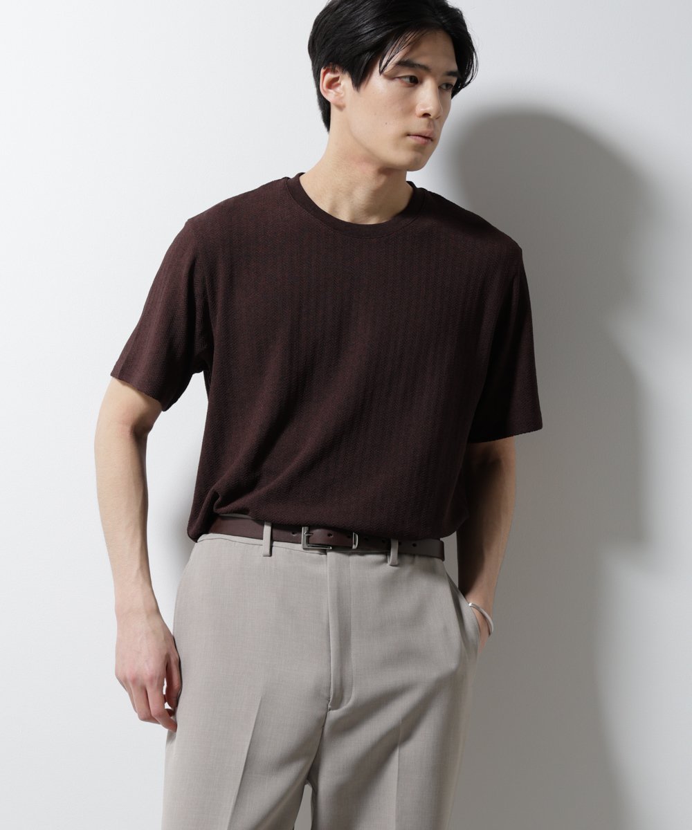 NANO universe 「Damerino」ヘリンボンクルーネックTシャツ/防シワ・吸水速乾・UVカット ナノユニバース トップス カットソー・Tシャツ グレー ネイビー ブラウン