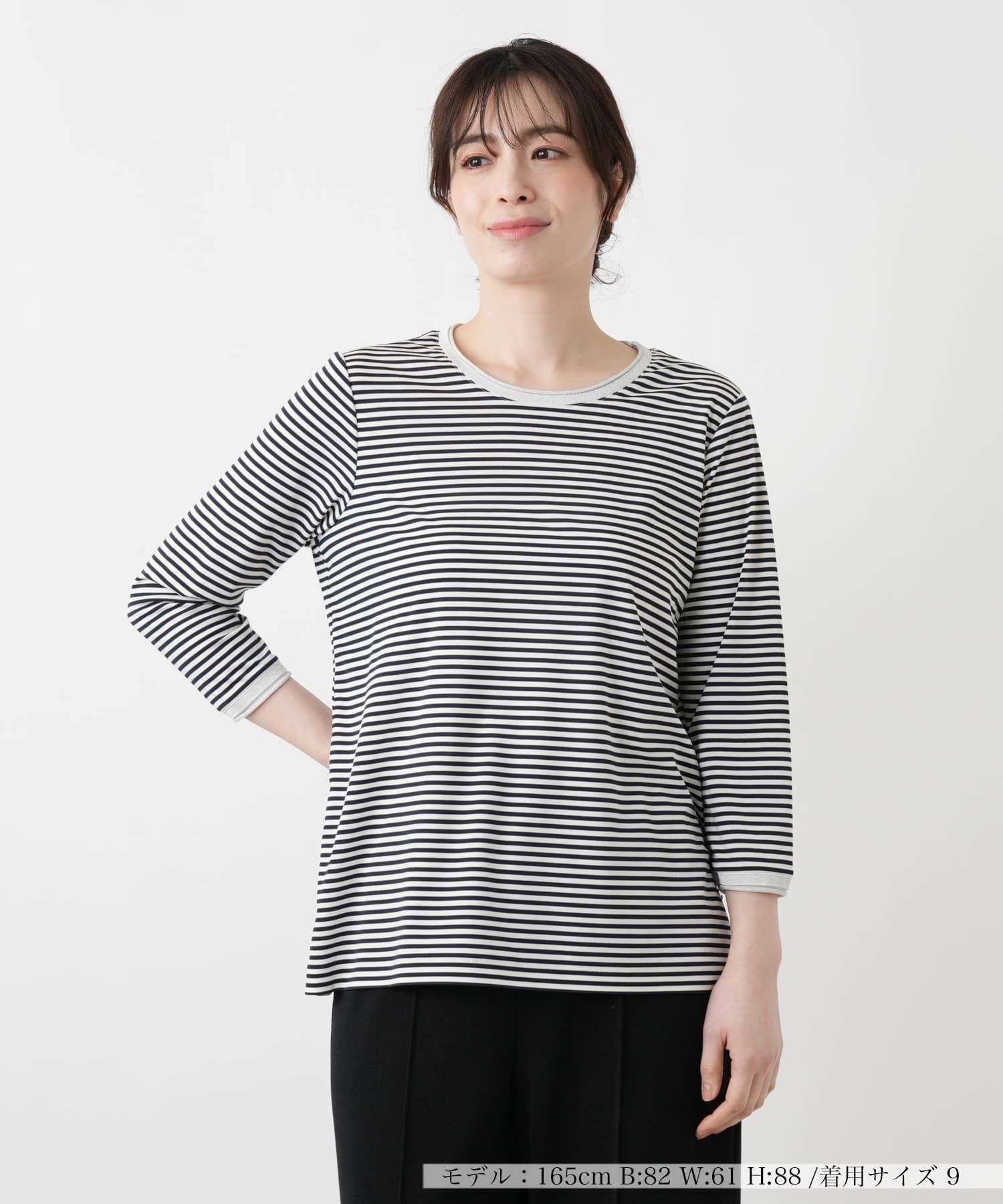 Leilian ナローボーダーラメカットソー【Leilian WHITE LABEL】 レリアン トップス カットソー・Tシャツ ネイビー ブラック