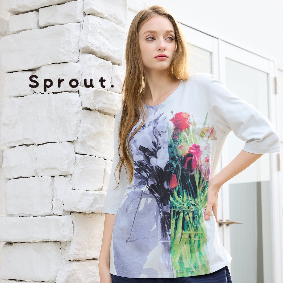 Liliane Burty 【Sprout./M~4L】フラワープリントTシャツ リリアンビューティ トップス カットソー・Tシャツ ホワイト グレー