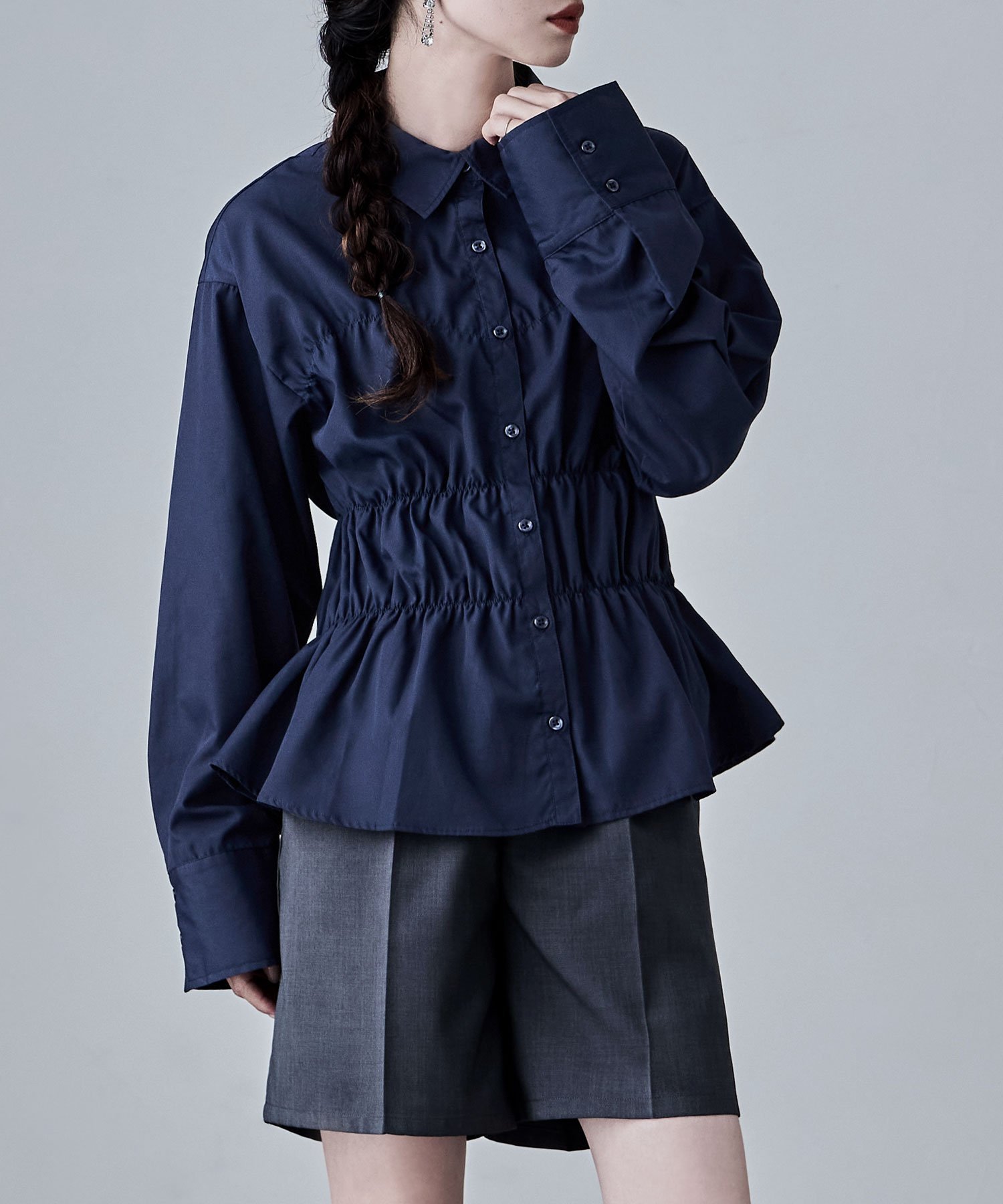 etoll. ウエストシャーリングペプラムブラウス ビーフラット トップス シャツ・ブラウス ネイビー ブラック ホワイト【送料無料】のサムネイル