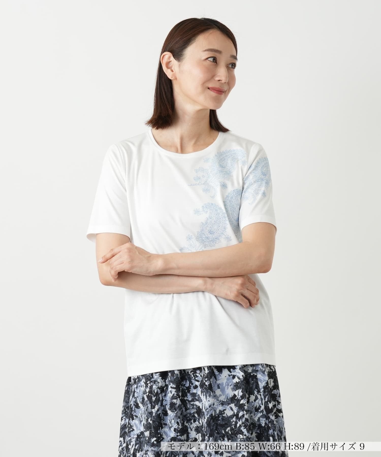 Leilian ペイズリー刺繍カットソー【ROCHAS Premiere】 レリアン トップス カットソー・Tシャツ ネイビー ベージュ ホワイト