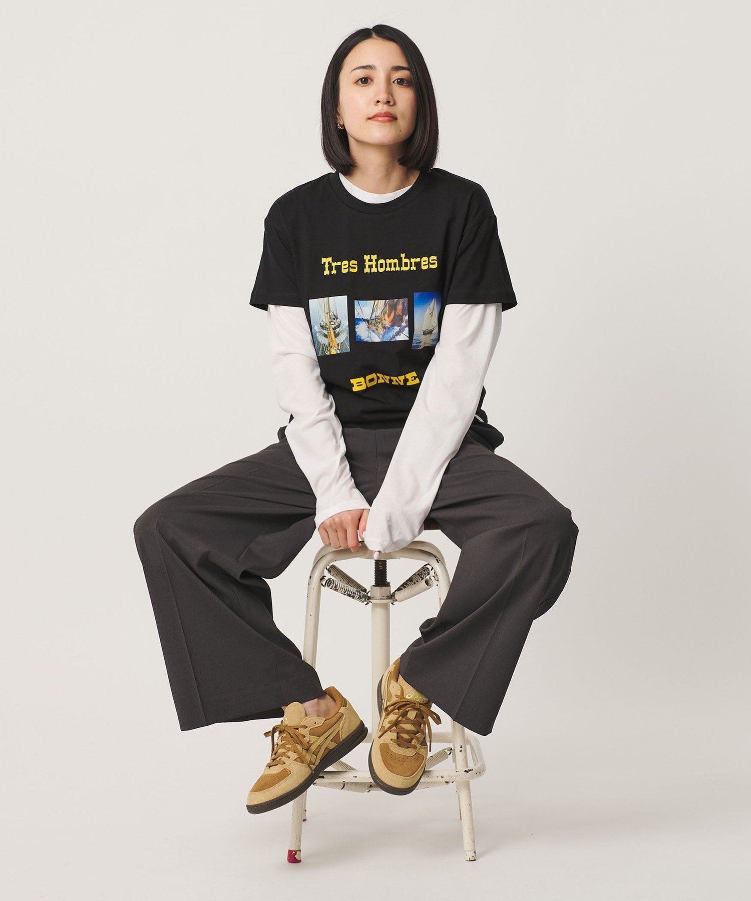 ＜BONNE＞TRES HOMBRES プリントTシャツ ビューティー＆ユース ユナイテッドアローズ トップス カットソー・Tシャツ ブラック