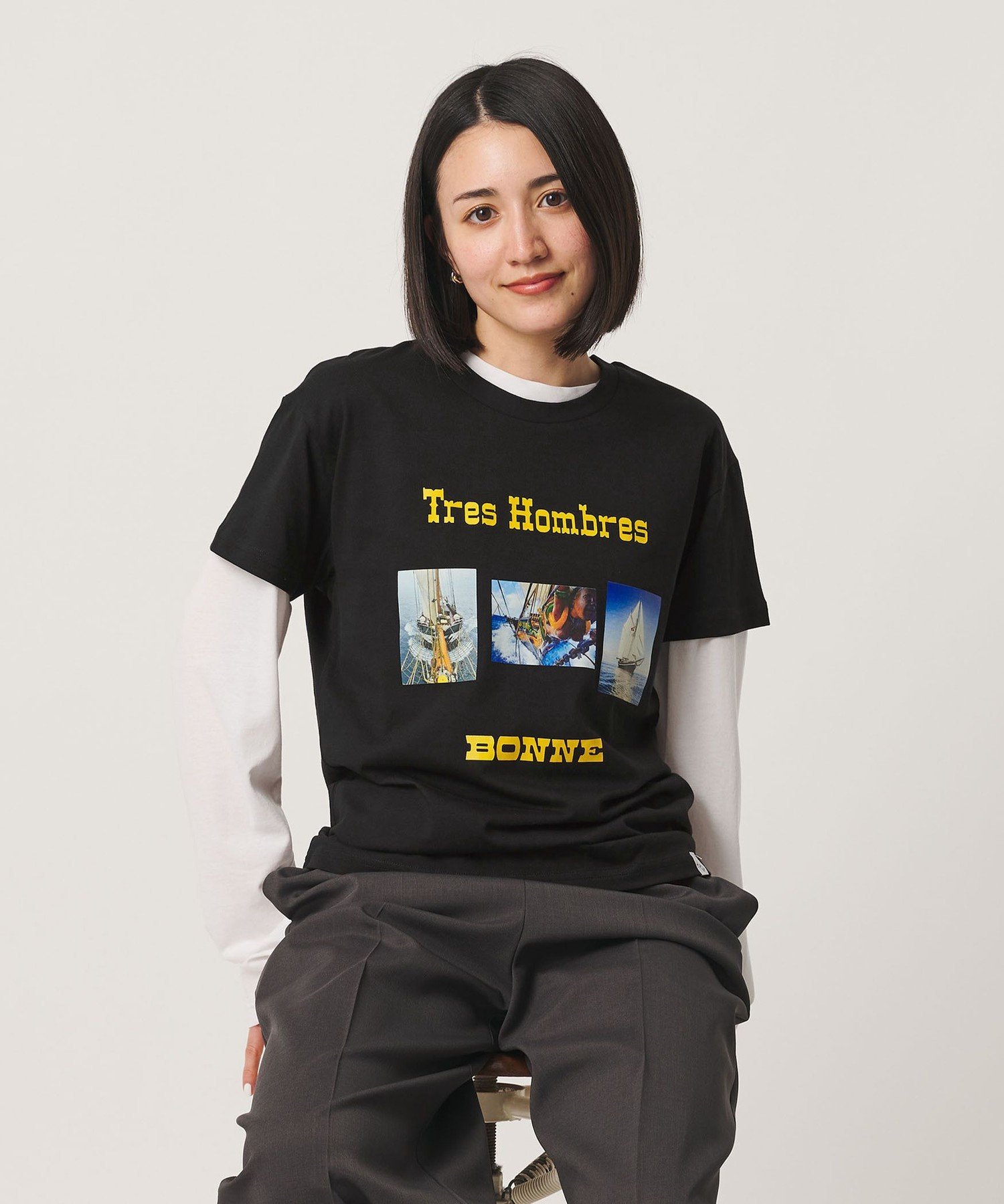 ＜BONNE＞TRES HOMBRES プリントTシャツ ビューティー＆ユース ユナイテッドアローズ トップス カットソー・Tシャツ ブラック