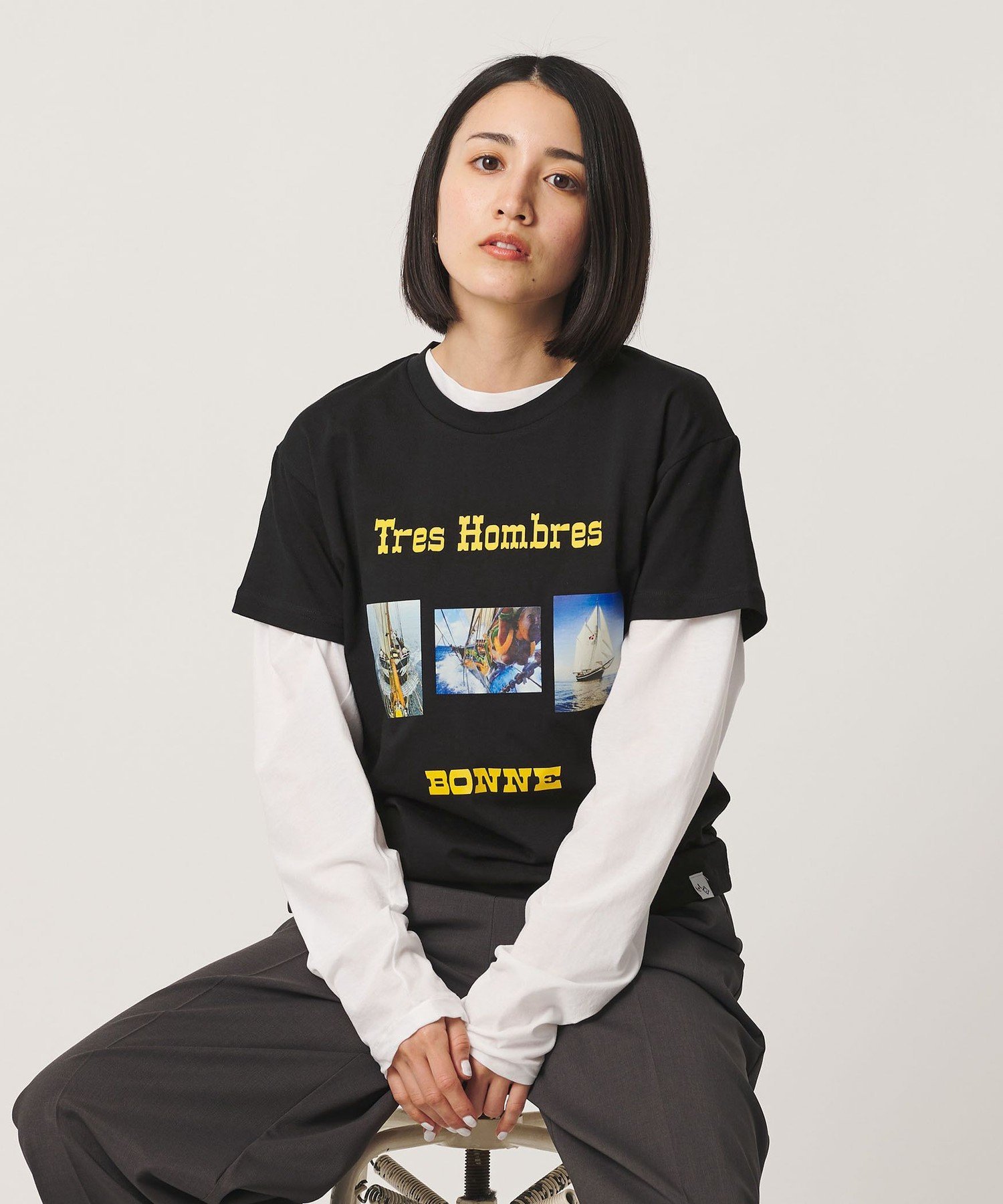 ＜BONNE＞TRES HOMBRES プリントTシャツ ビューティー＆ユース ユナイテッドアローズ トップス カットソー・Tシャツ ブラック