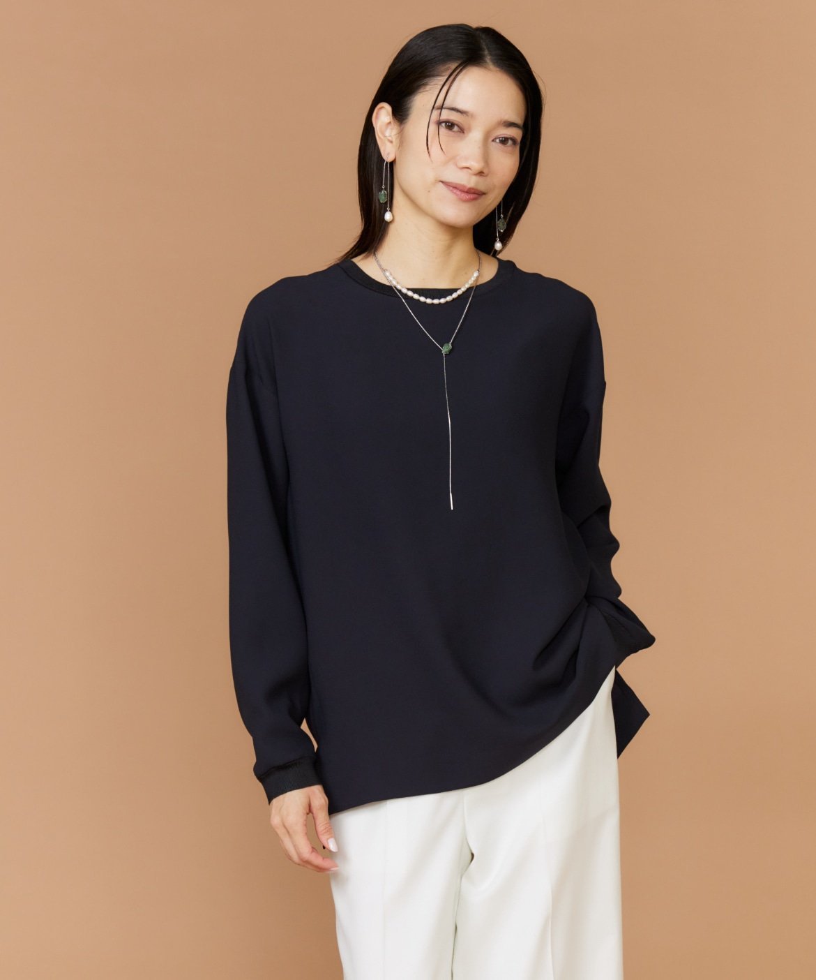 INED 《大きいサイズ》衿リブブラウスTシャツ イネド トップス カットソー・Tシャツ ネイビー ホワイト