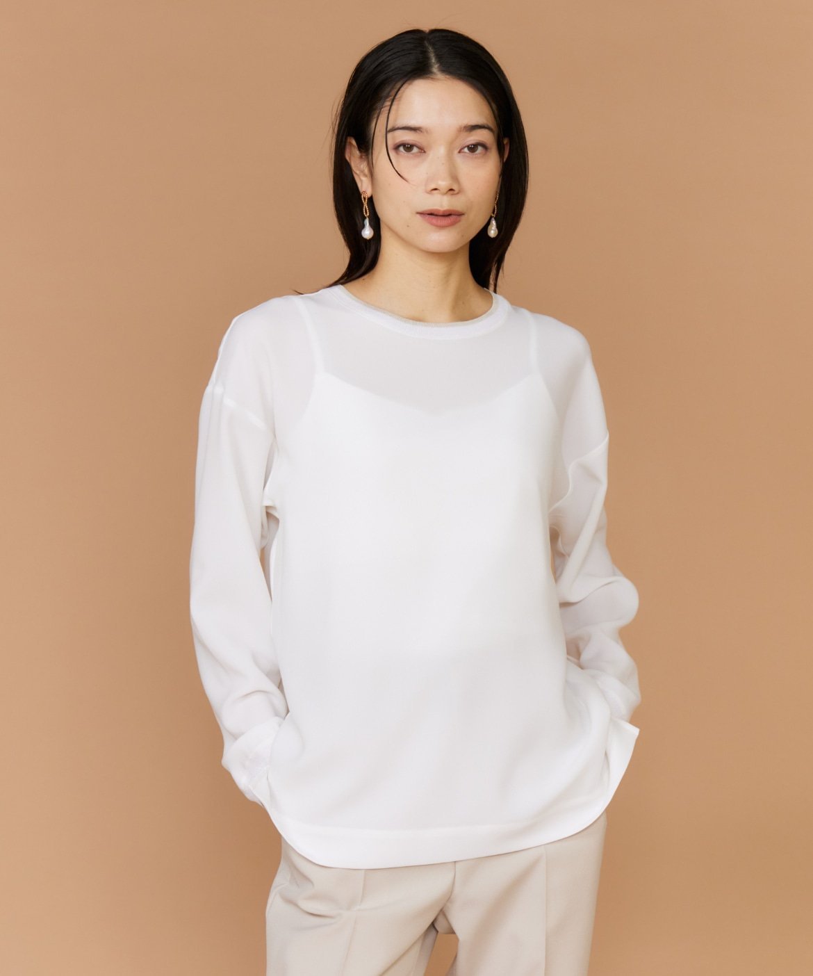 INED 《大きいサイズ》衿リブブラウスTシャツ イネド トップス カットソー・Tシャツ ネイビー ホワイト