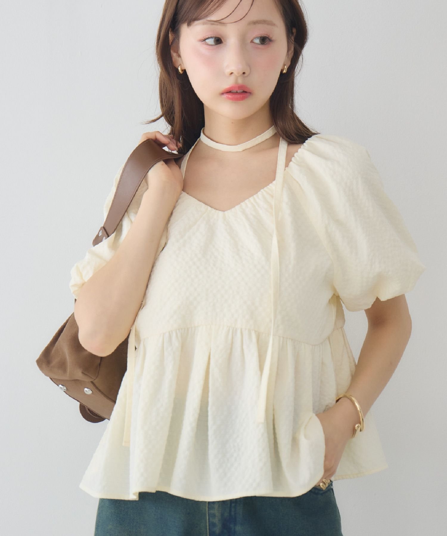 RETRO GIRL チョーカー付2wayペプラムブラウス レトロガール トップス シャツ・ブラウス イエロー ブラック ベージュ