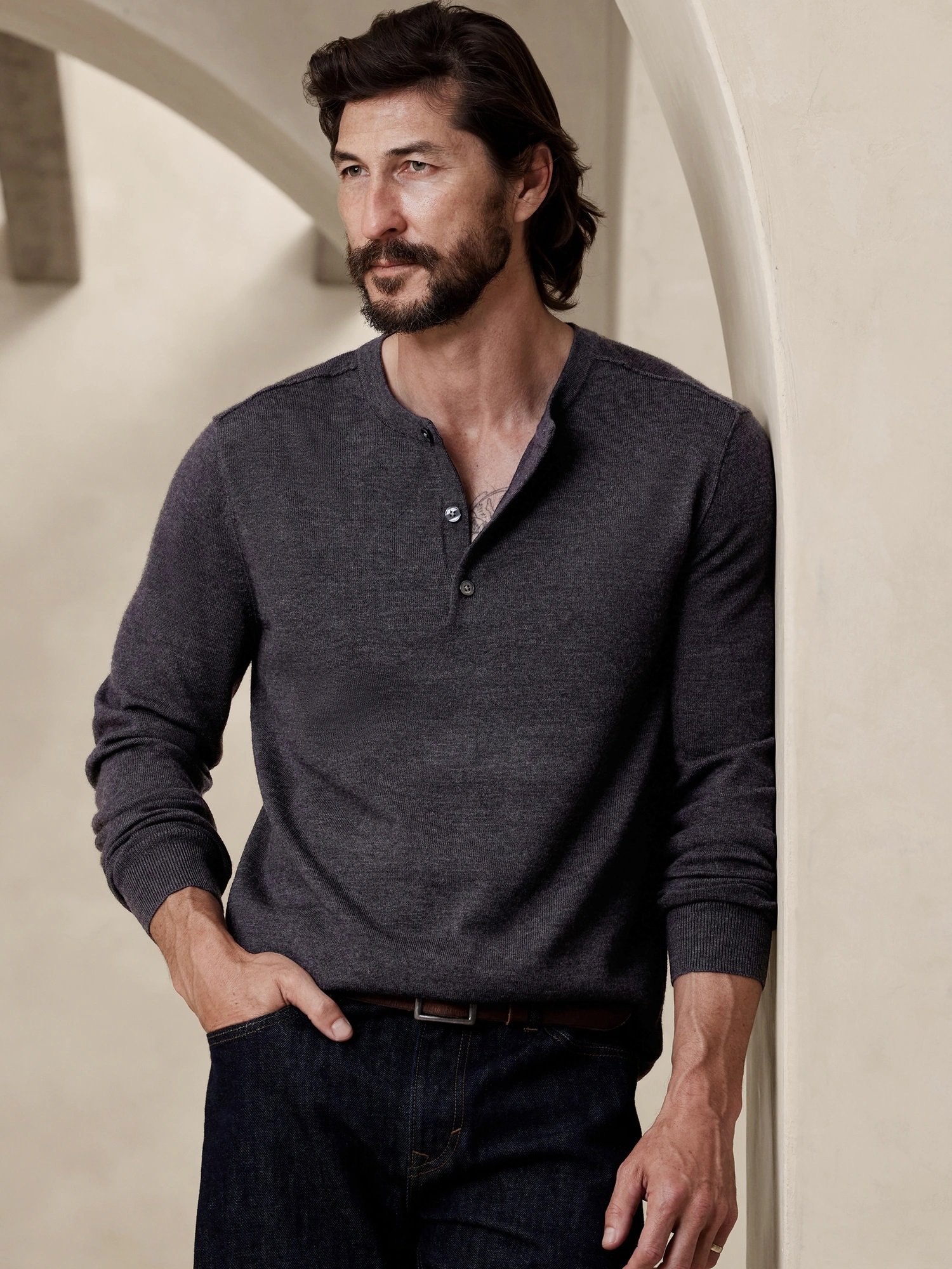 BANANA REPUBLIC (M)MERINO HENLEY バナナ・リパブリック トップス ニット グレー ベージュ グリーン【送料無料】のサムネイル
