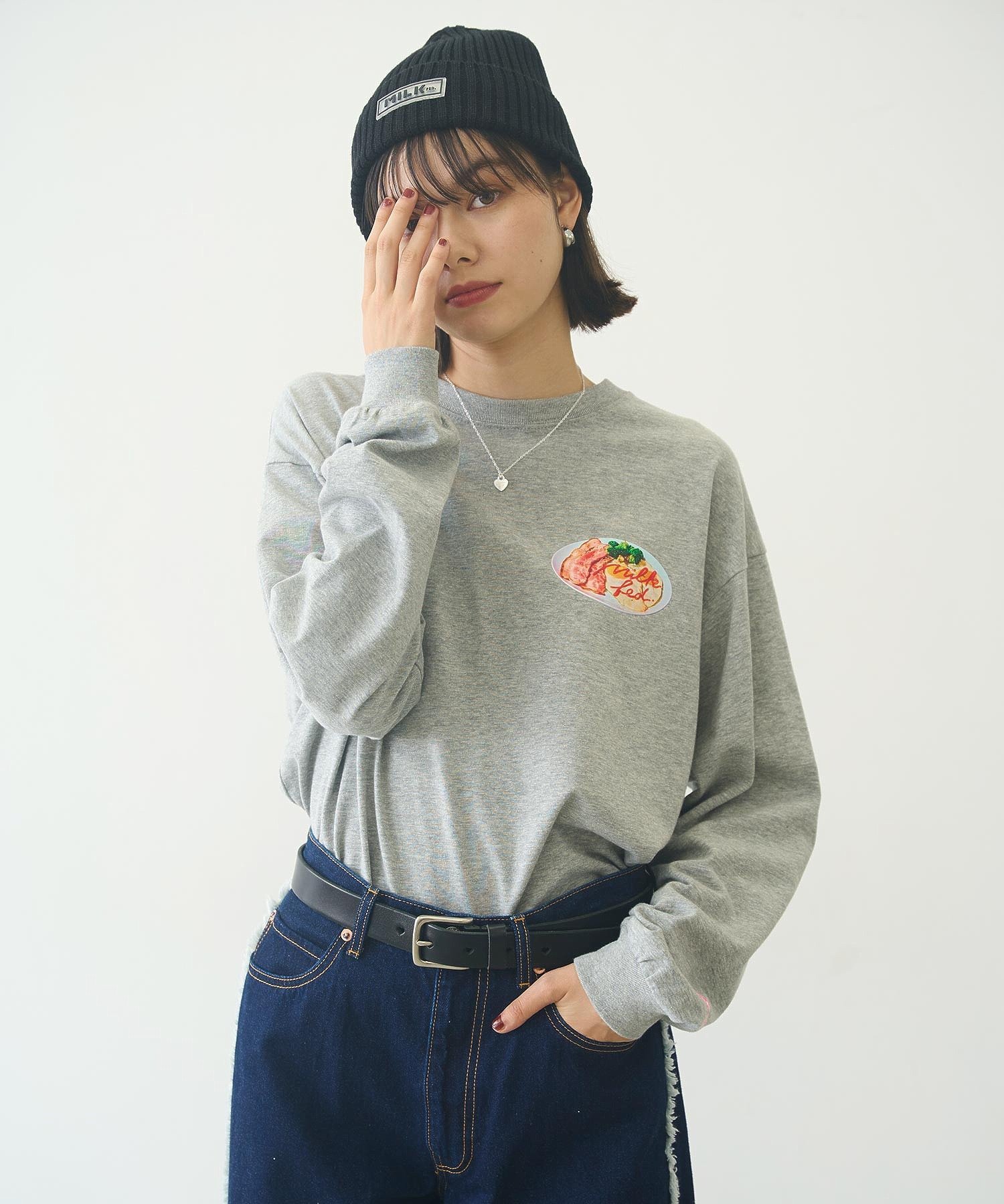 MILKFED. BREAKFAST WIDE L/S TEE ミルクフェド トップス カットソー・Tシャツ グレー ブルー ホワイト