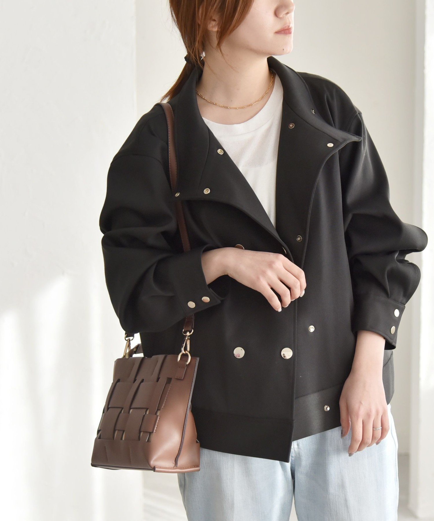 【SALE／50%OFF】quaranciel quaranciel: ダブル サテン スタンドカラー ブルゾン コート シップス ジャケット・アウター ブルゾン・ジャンパー ベージュ ブラック【送料無料】