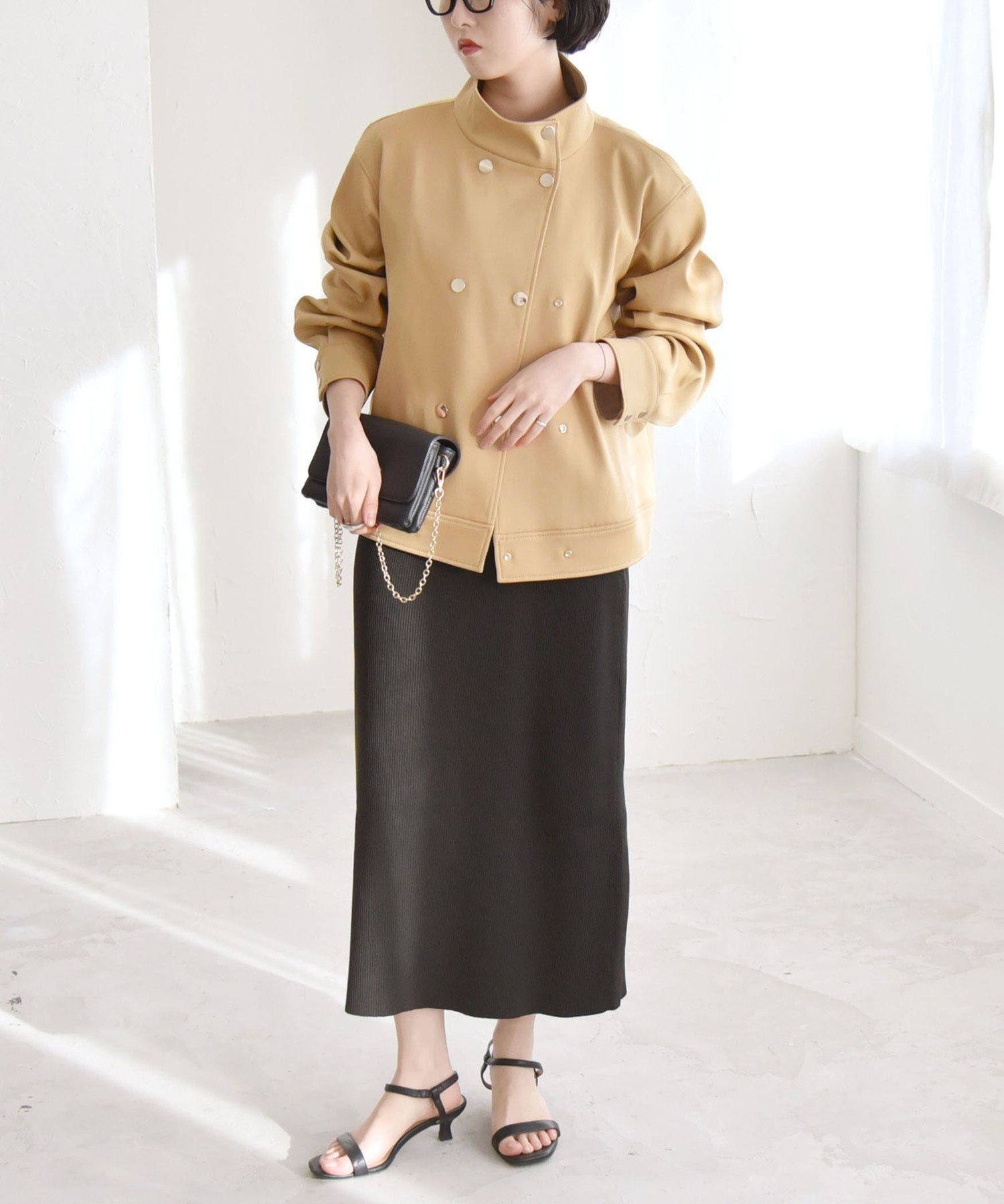 【SALE／50%OFF】quaranciel quaranciel: ダブル サテン スタンドカラー ブルゾン コート シップス ジャケット・アウター ブルゾン・ジャンパー ベージュ ブラック【送料無料】