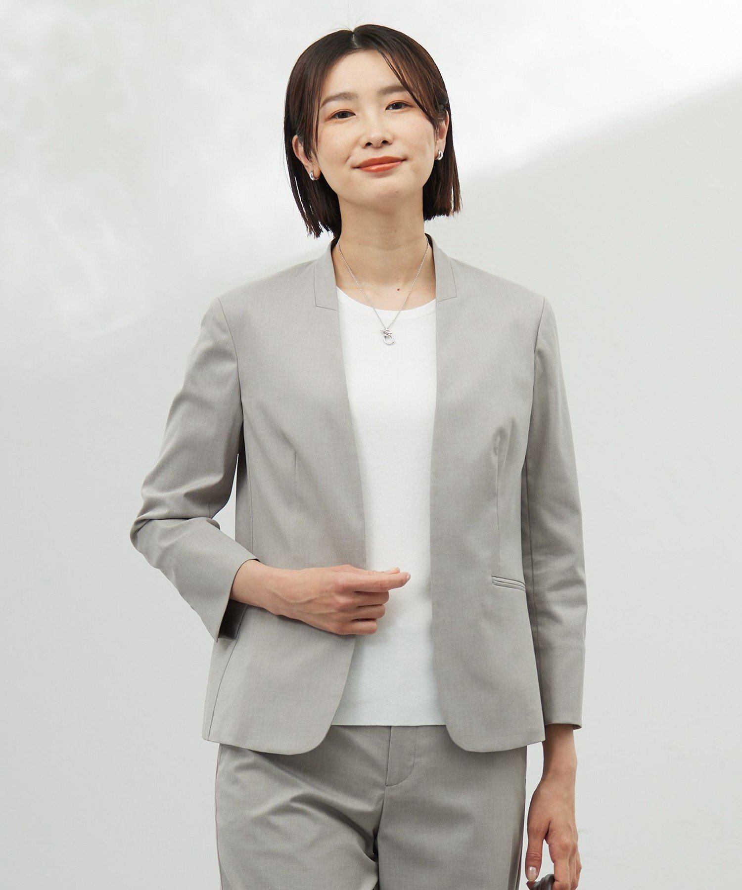 J.PRESS LADIES L 【セットアップ対応・人気素材】コットンFITTY ノーカラー ジャケット ジェイプレス ジャケット・アウター ノーカラージャケット ベージュ グレー ネイビー