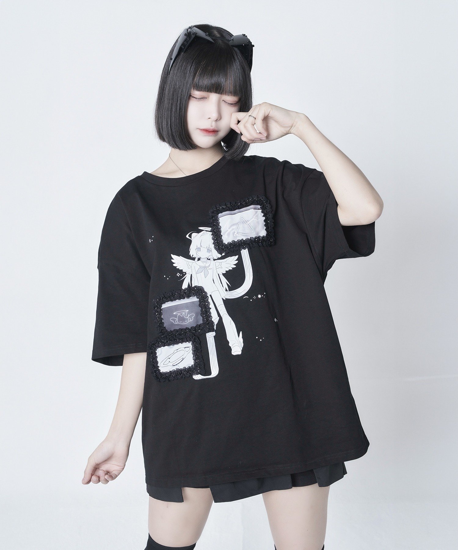 Re:CRYPT レースウィンドウプリントT / オーバーサイズ グラフィックTシャツ チームストア トップス カットソー・Tシャツ ブラック