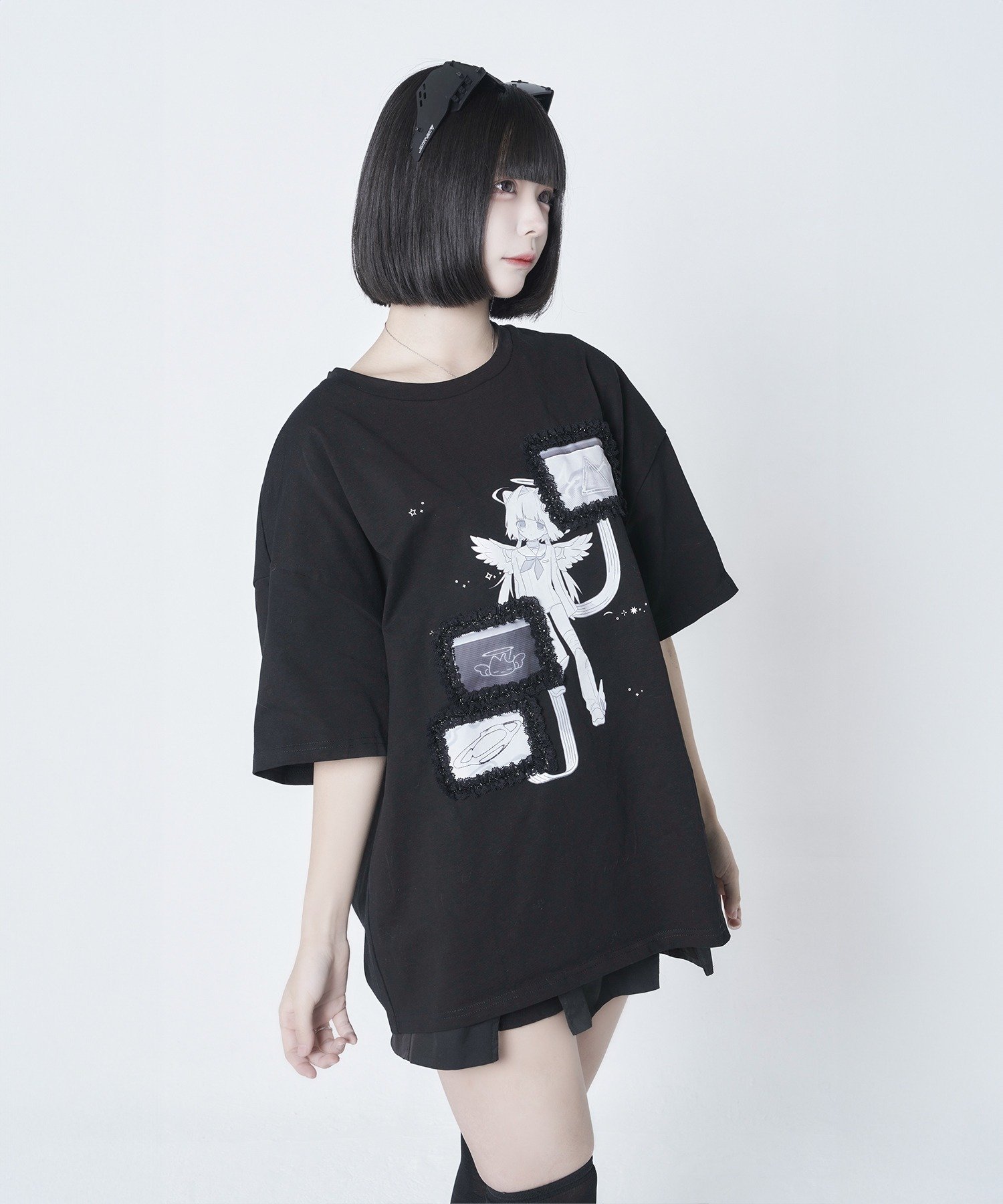 Re:CRYPT レースウィンドウプリントT / オーバーサイズ グラフィックTシャツ チームストア トップス カットソー・Tシャツ ブラック