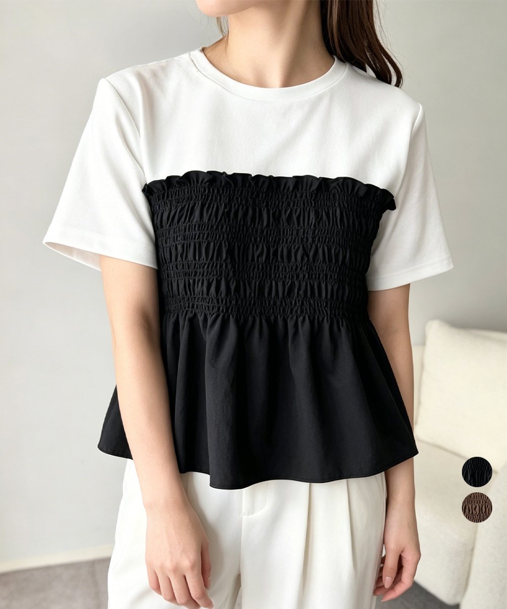 miniministore シャーリングドッキング半袖プルオーバー夏 ミニミニストア トップス カットソー・Tシャツ ブラウン ブラック