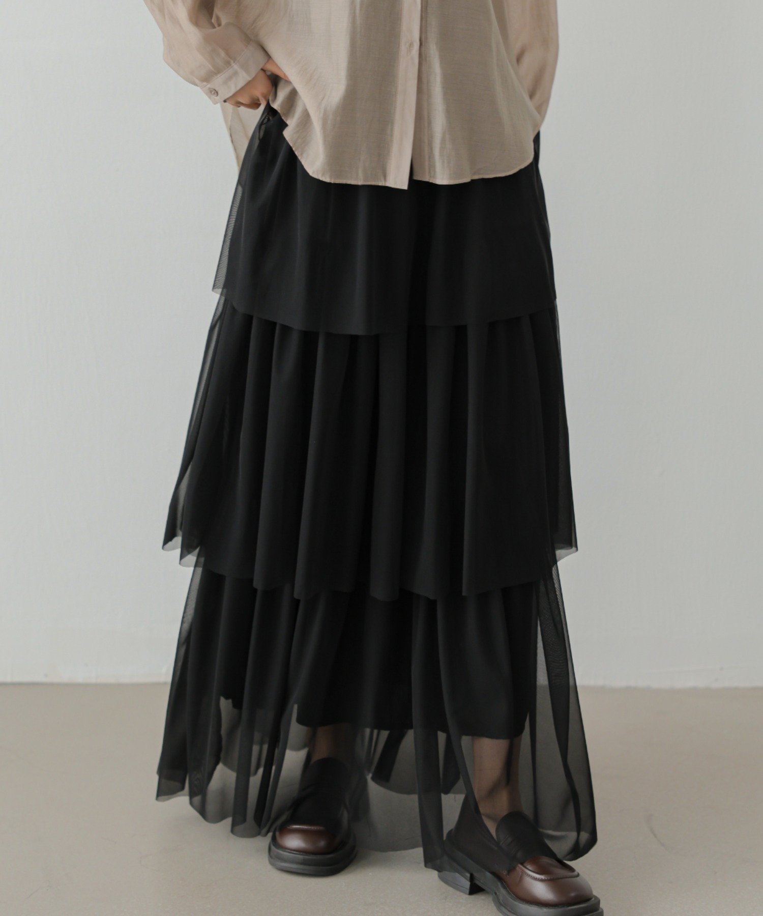 【SALE/35%OFF】ECLIN ティアードチュールフリルスカート バナーバレット スカート ロング・マキシスカート ブルー ブラック グレー ホワイト
