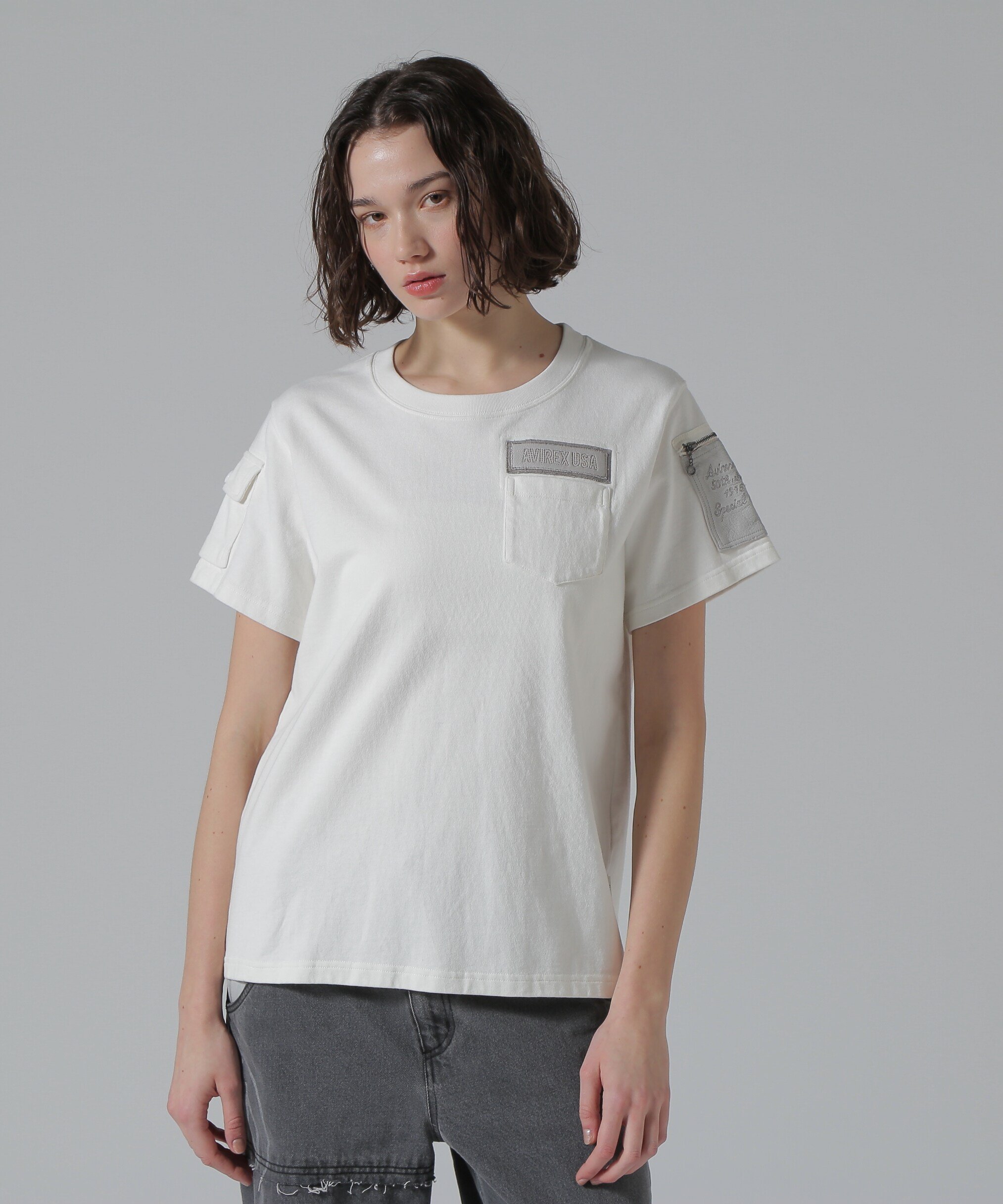《50th Anniversary》LEATHER PATCHED FATIGUE T-SHIRT/レザーパッチ ファティーグTシャツ アヴィレックス トップス カットソー・Tシャツ ホワイト ブラック