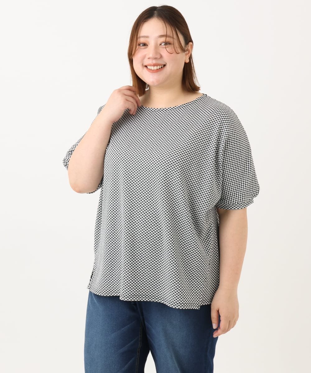 【大きいサイズ】ぽこぽこギンガムカットソー エウルキューブ トップス カットソー・Tシャツ ブラック ホワイト