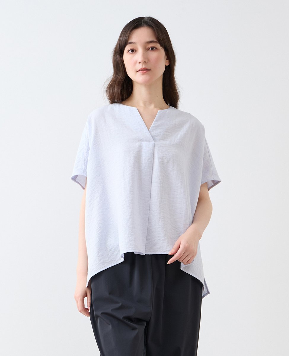 LOGEMENT DE CLAIRE キーネックブラウス メルローズクレール トップス シャツ・ブラウス ブルー グレー ホワイト